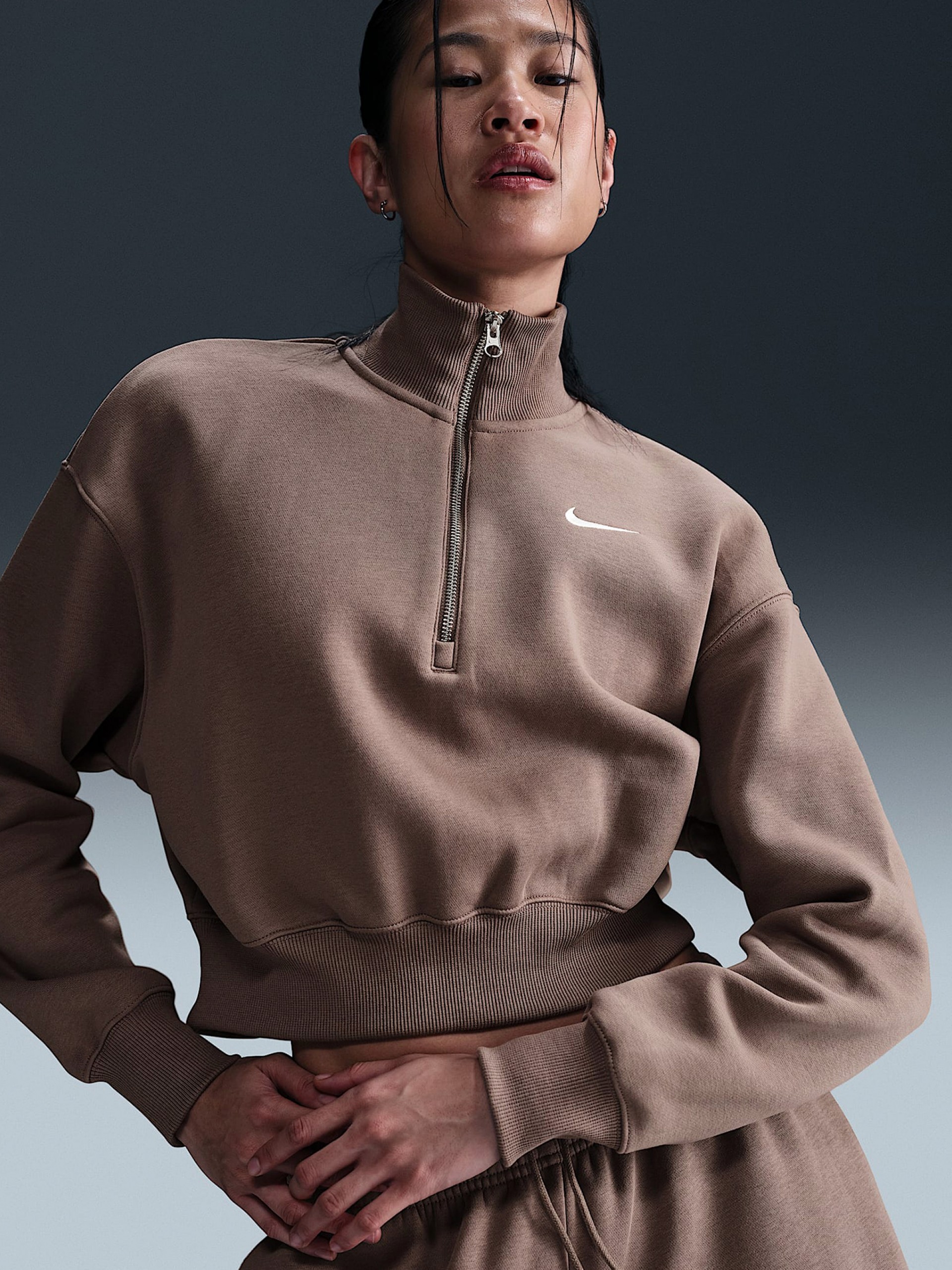 Camisola com Fecho Nike Sportswear Phoenix Fleece Crop Castanha