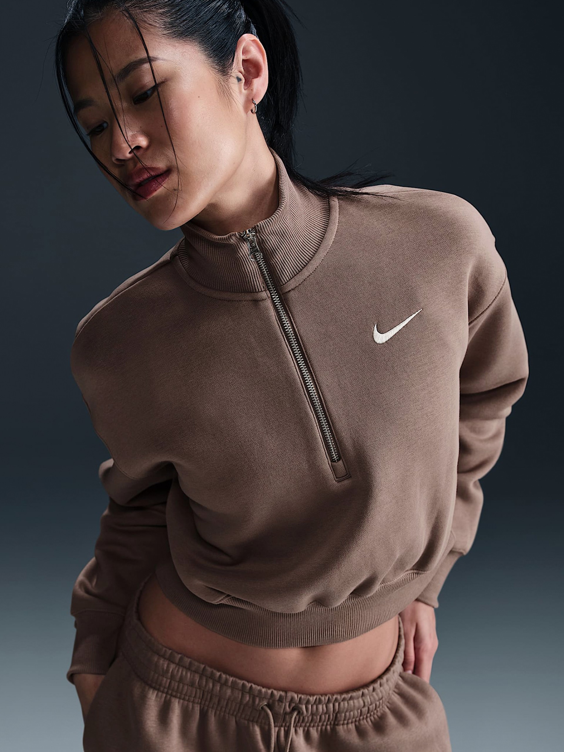 Camisola com Fecho Nike Sportswear Phoenix Fleece Crop Castanha