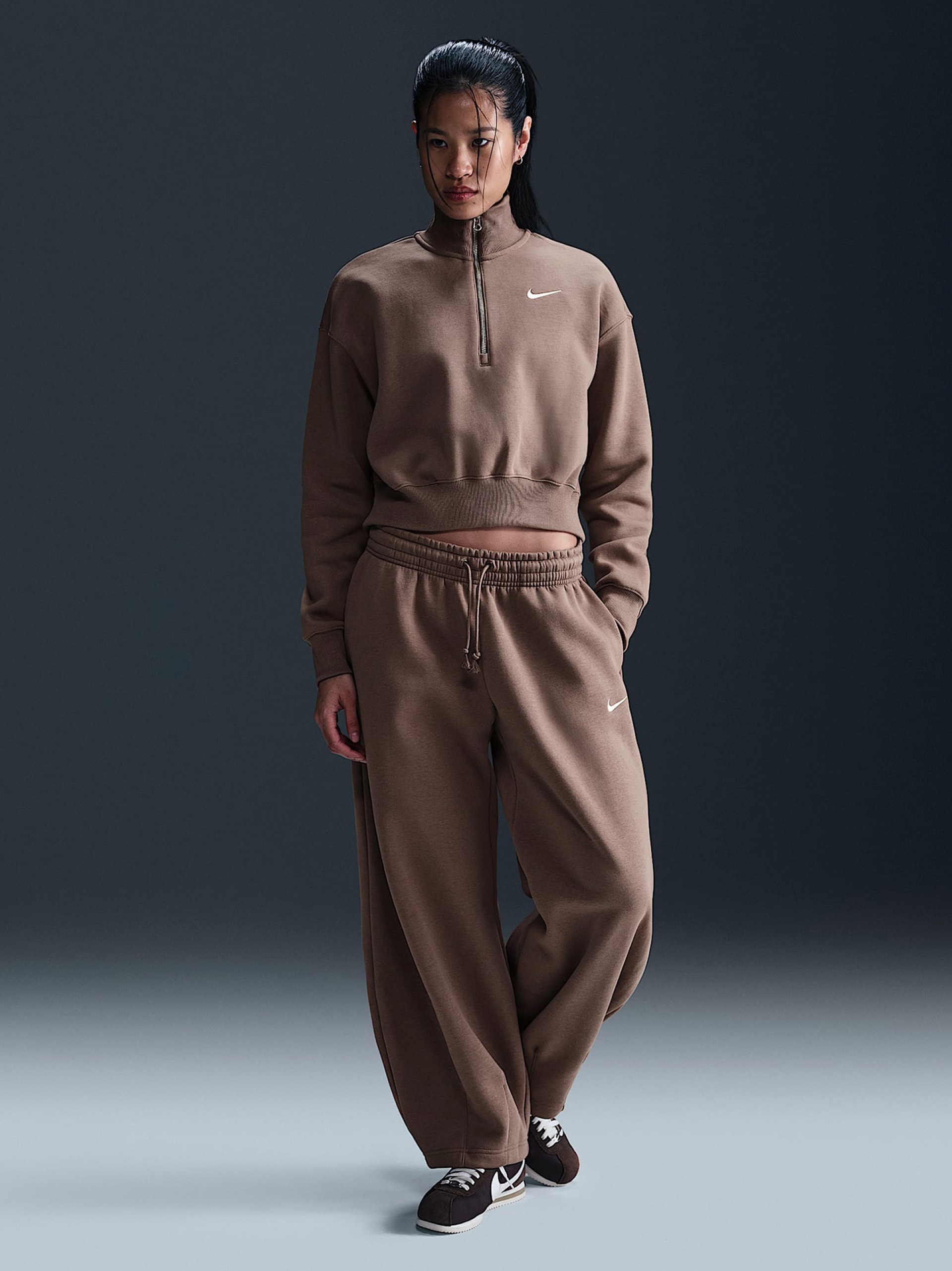 Camisola com Fecho Nike Sportswear Phoenix Fleece Crop Castanha