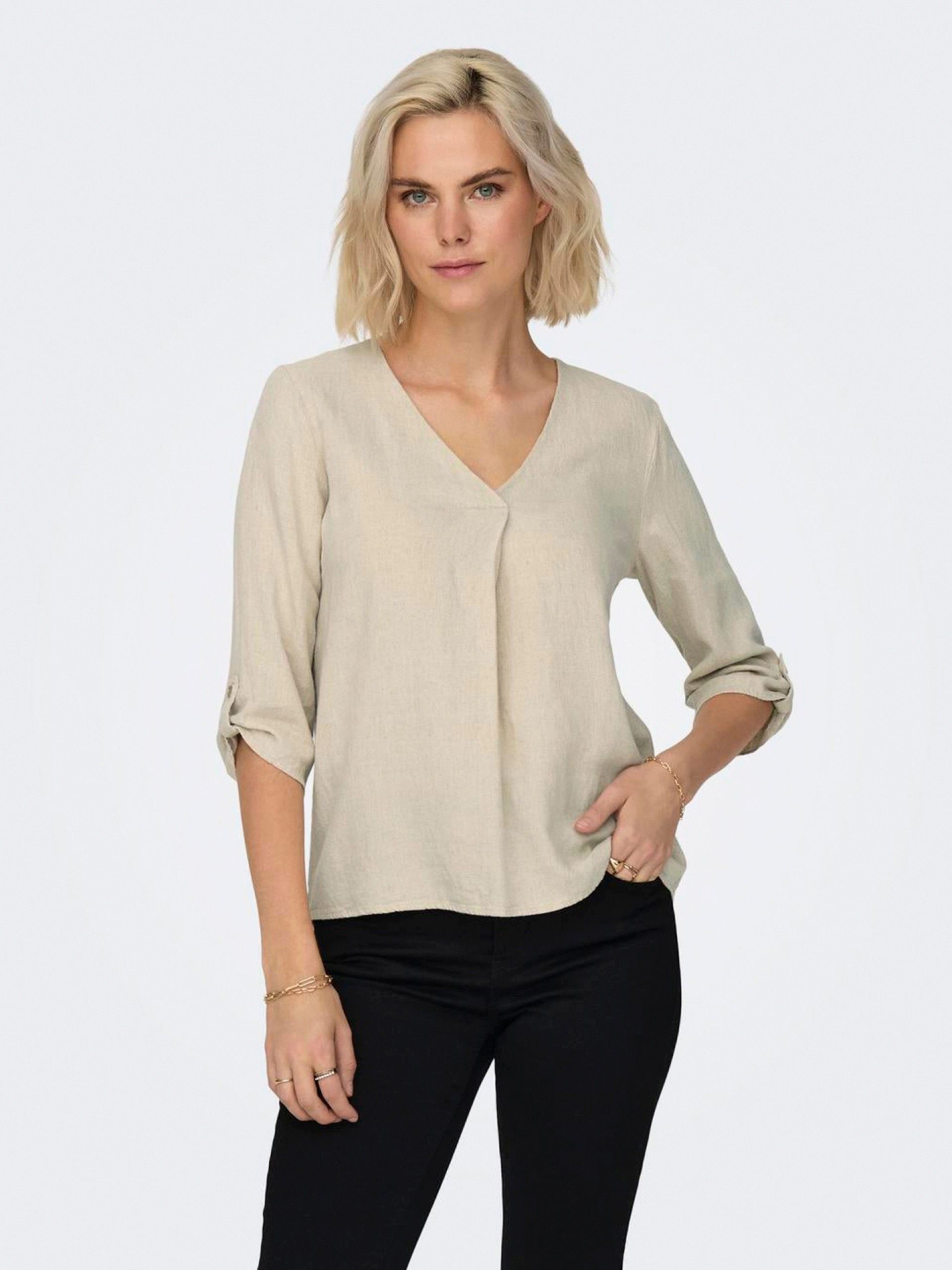 Camisa Only JDYSAY 3/4 Linen V-Neck Bege
