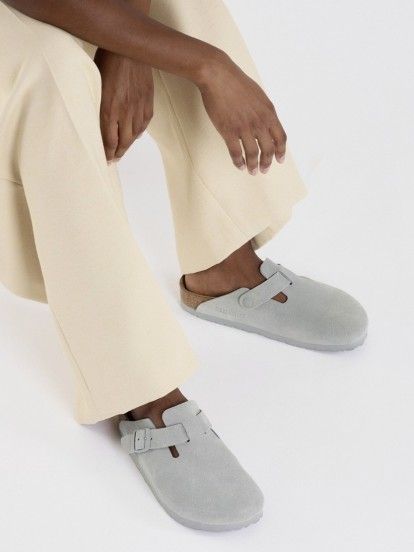 Birkenstock Boston Suede Leather Blue Slides