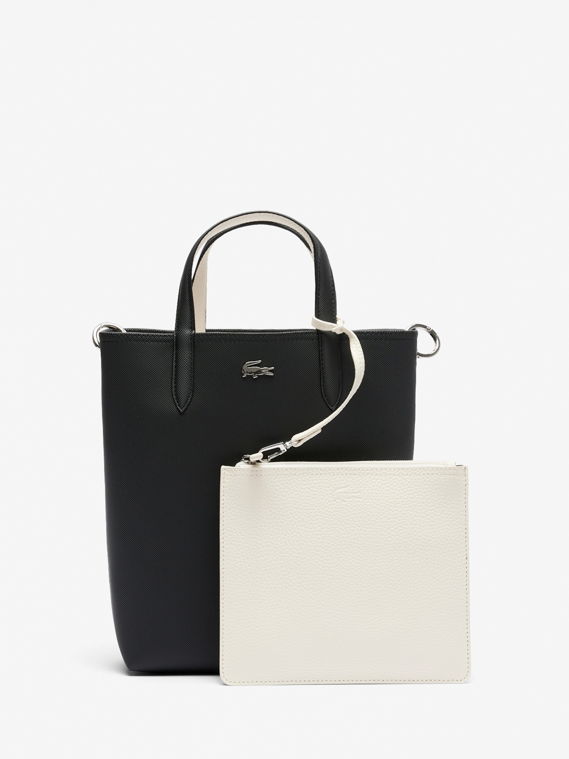 Bolso Tote Lacoste Vertical Anna Negro Reversible con Bolso Clutch