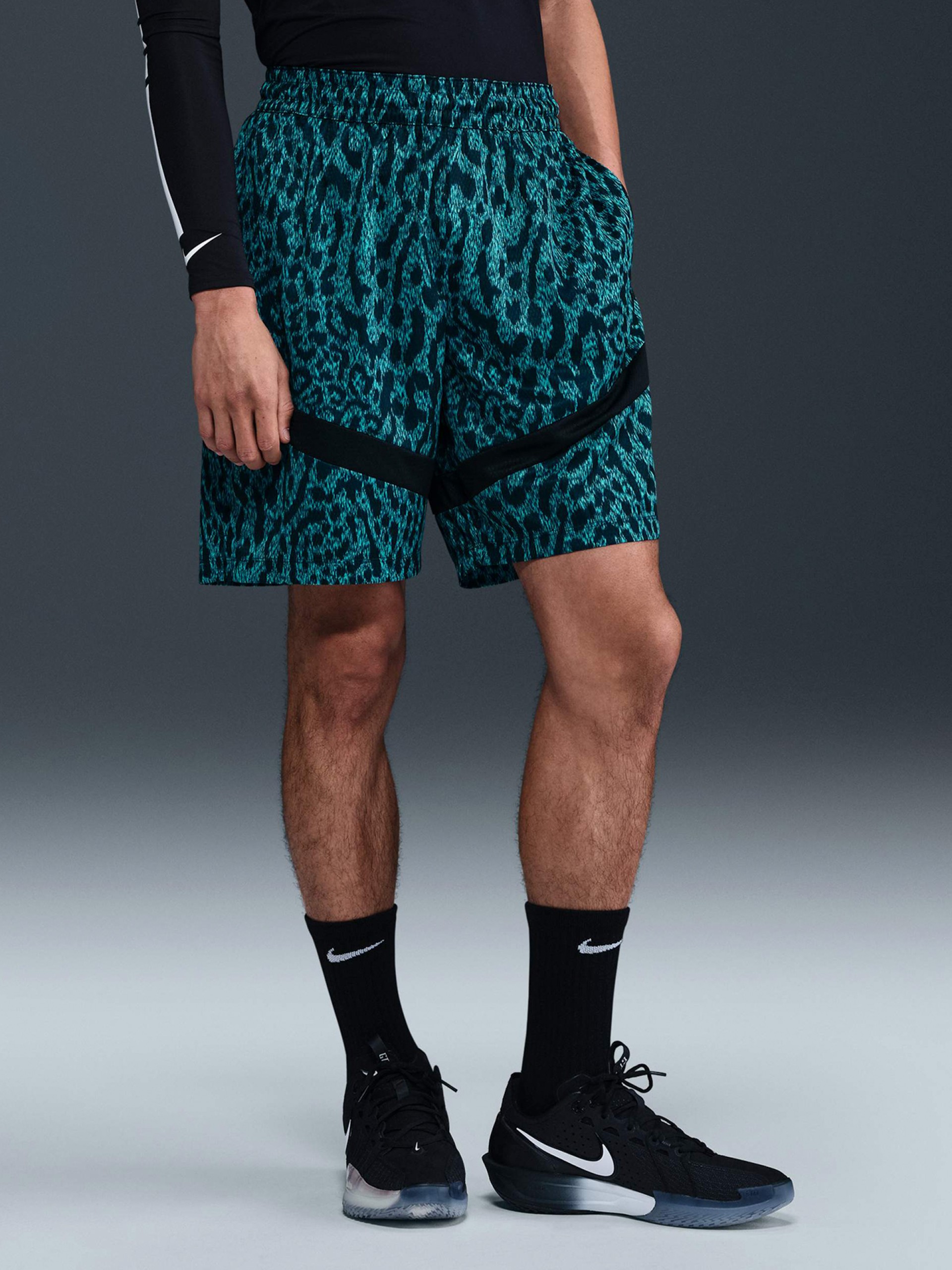 Calções de Basquetebol Nike Icon Dri-FIT 20cm Padrão Leopardo Azul e Preto Para Homem