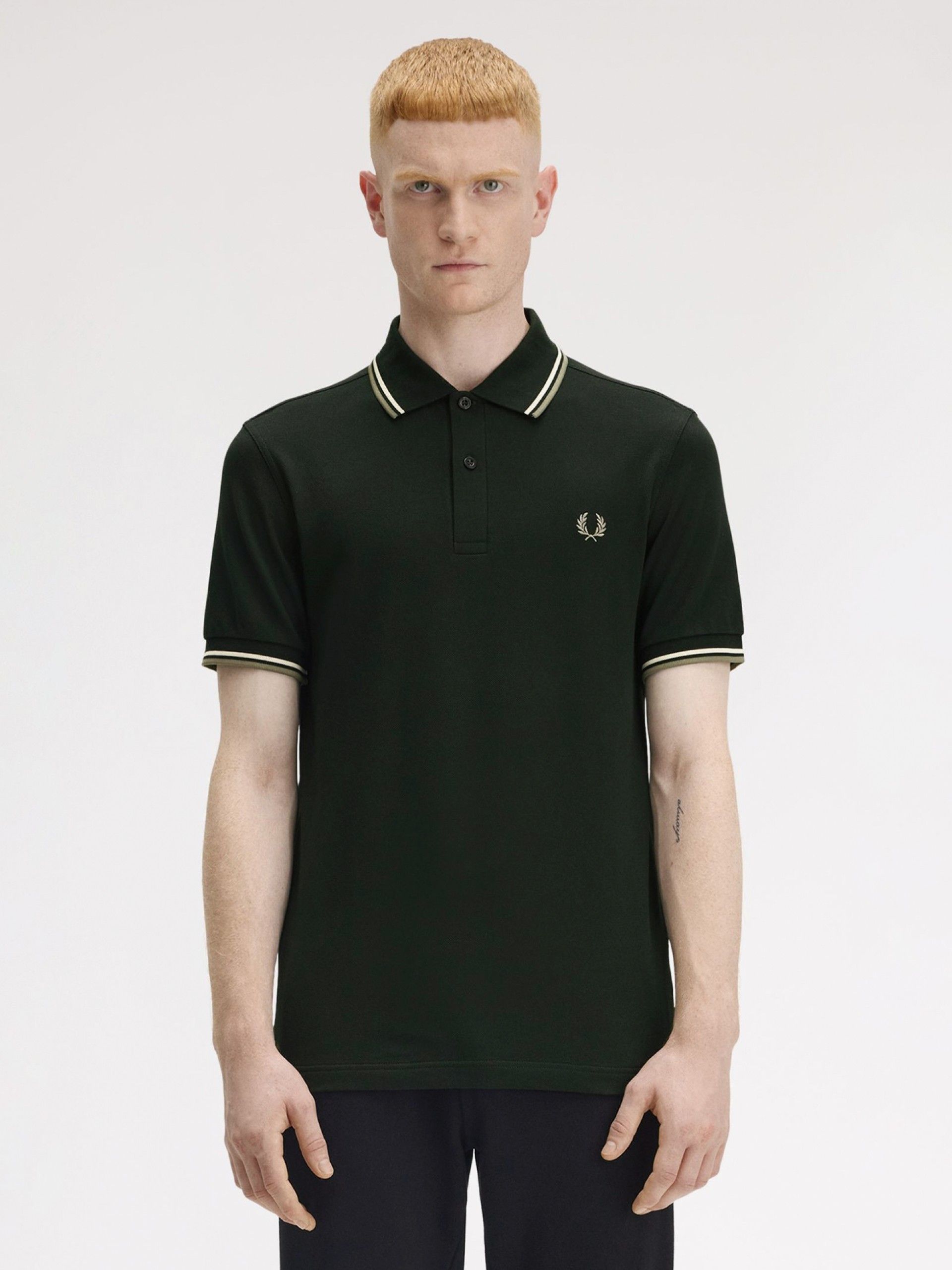 Fred Perry M3600 Twin Tipped Green and White Polo Shirt