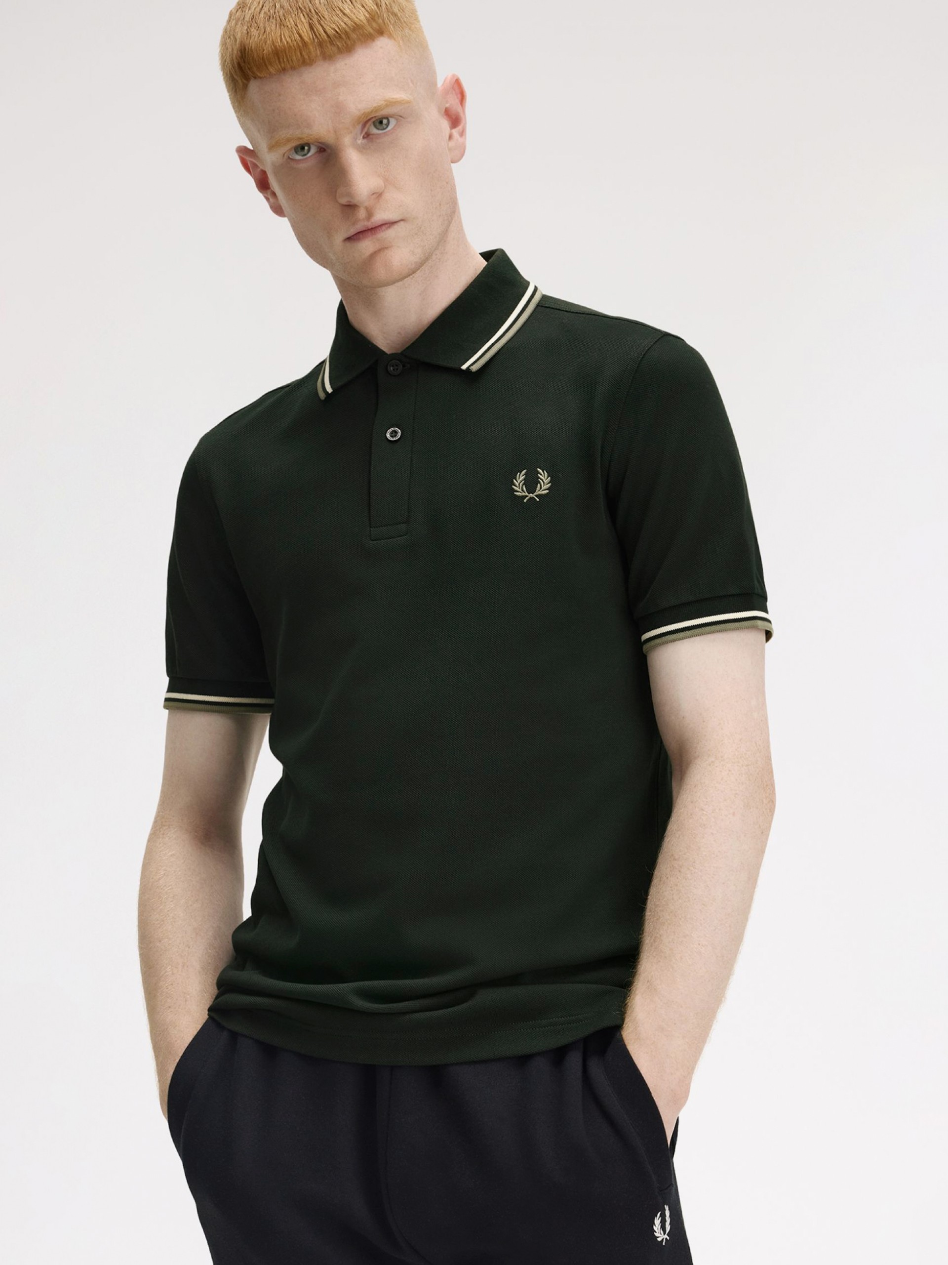 Fred Perry M3600 Twin Tipped Green and White Polo Shirt