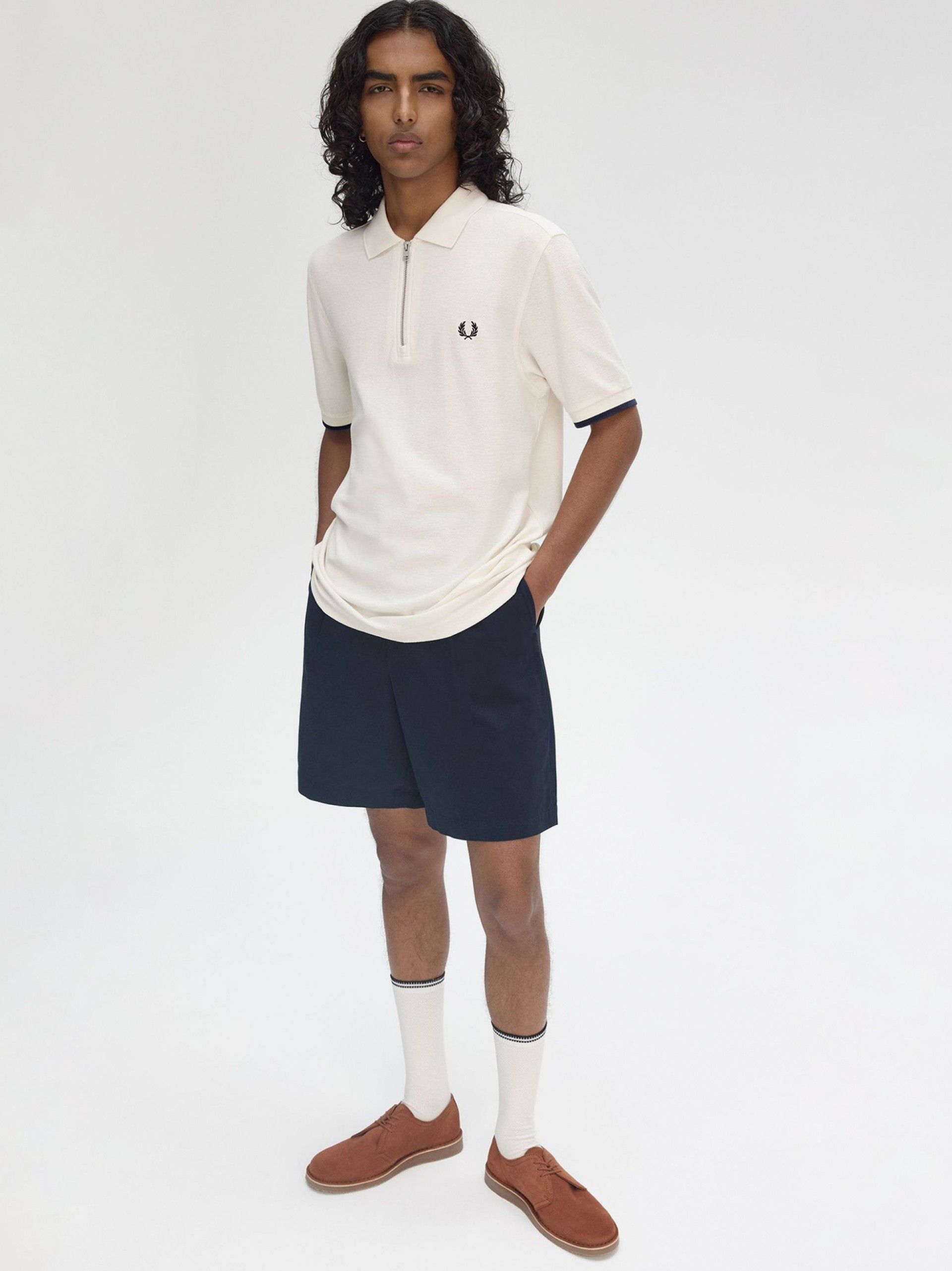 Fred Perry Crepe Piqué Zip Neck Beige Polo Shirt