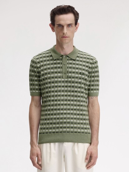 Fred Perry Boucl Ribbed Knitted Striped Green Polo Shirt