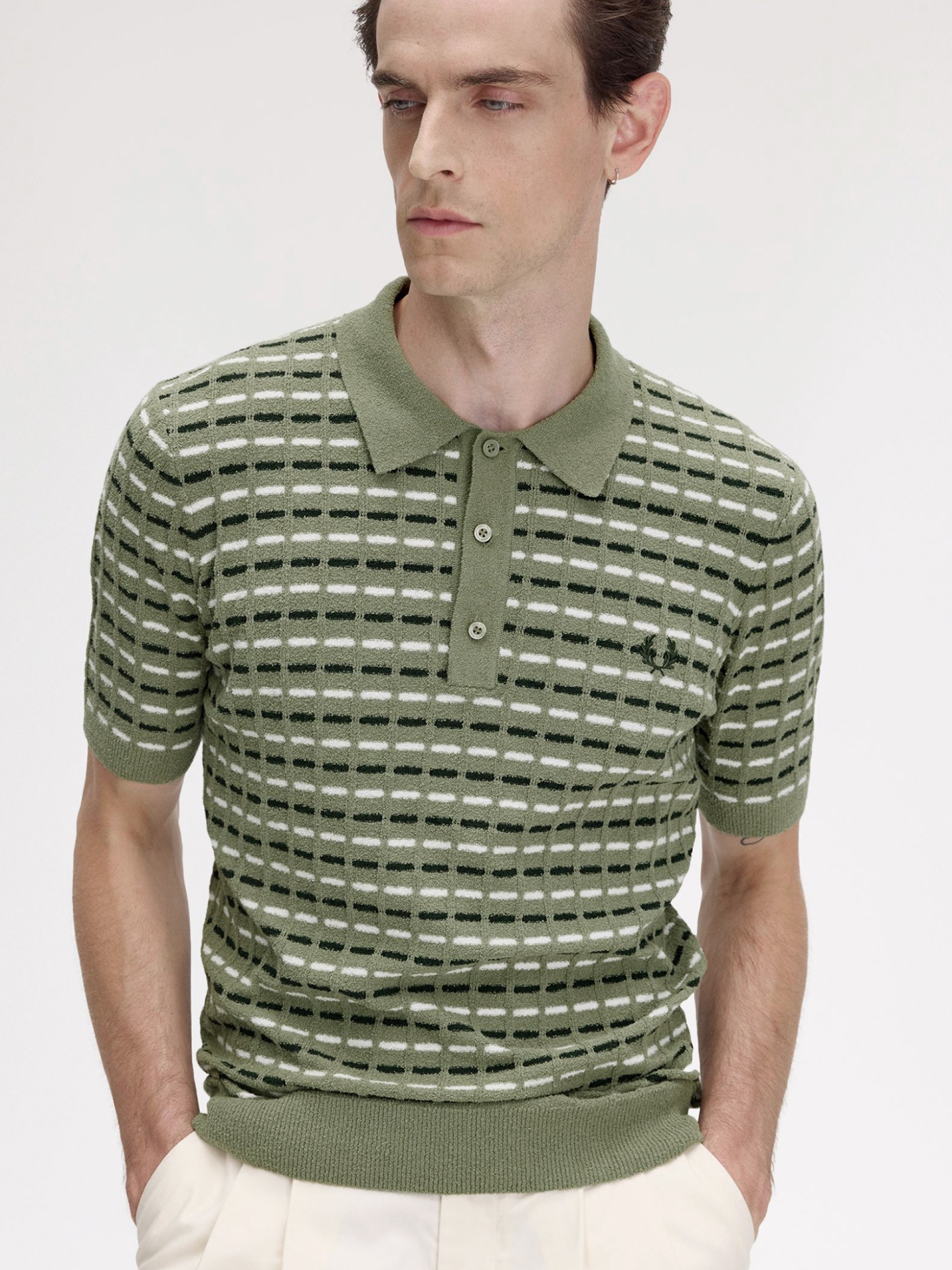 Polo Fred Perry Bouclé Ribbed Knitted De Rayas Verde