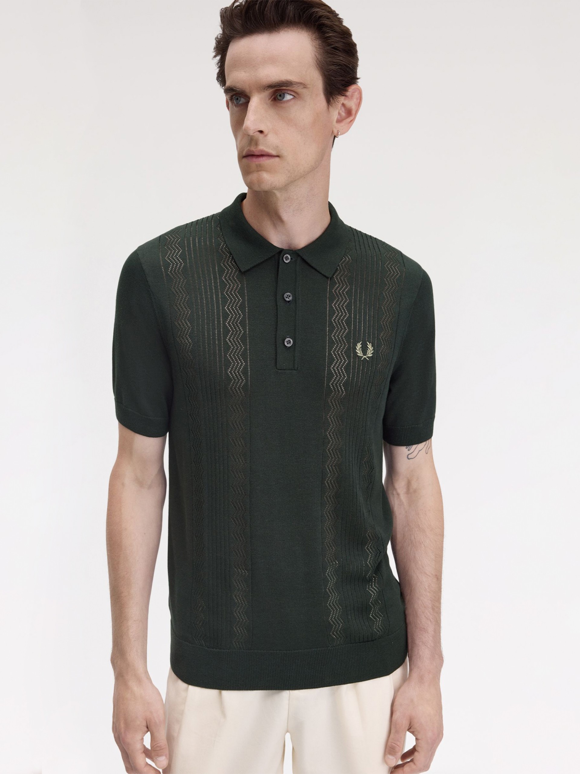 Fred Perry Pointelle Panel Knitted Green Polo Shirt