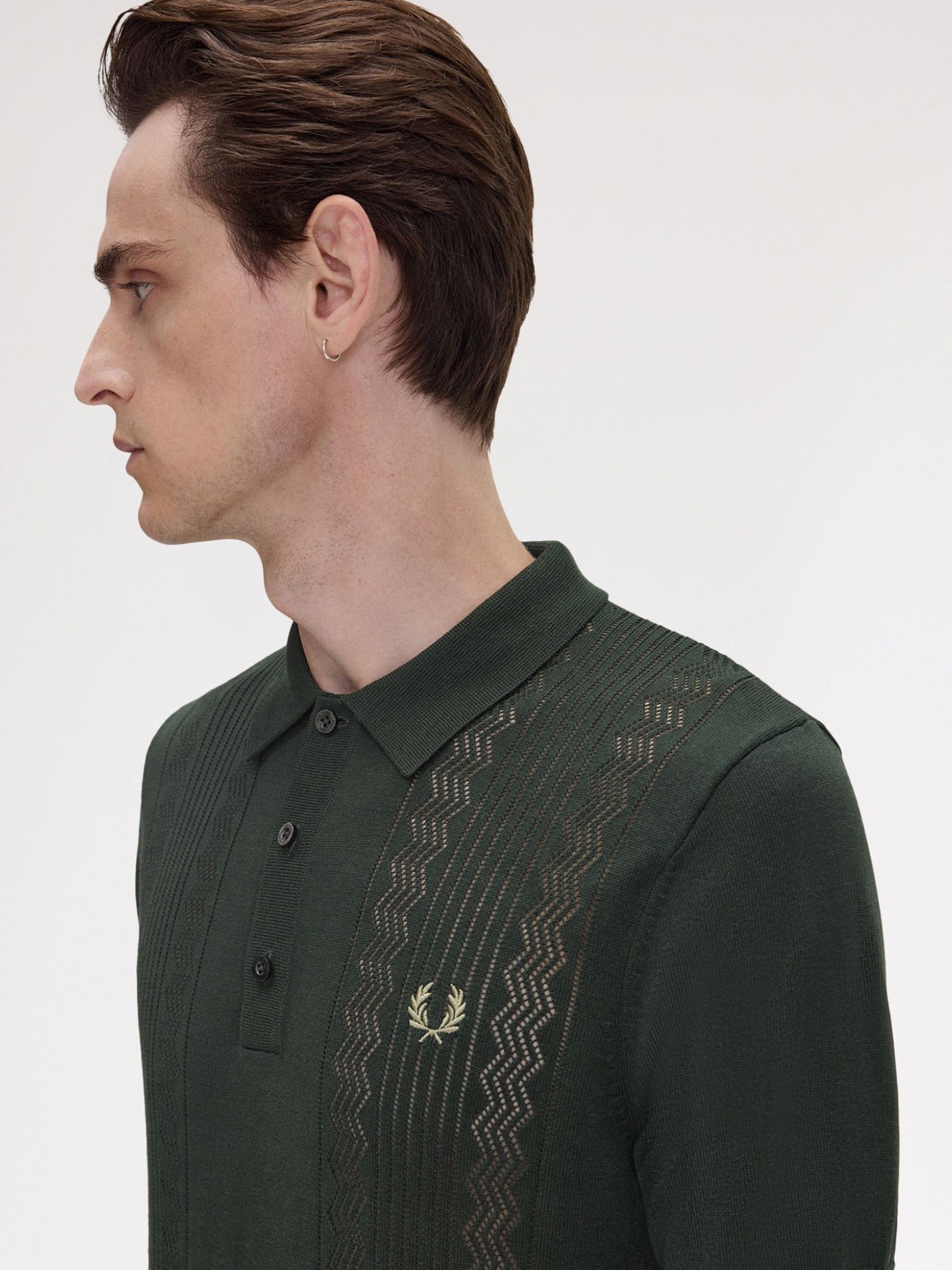 Fred Perry Pointelle Panel Knitted Green Polo Shirt