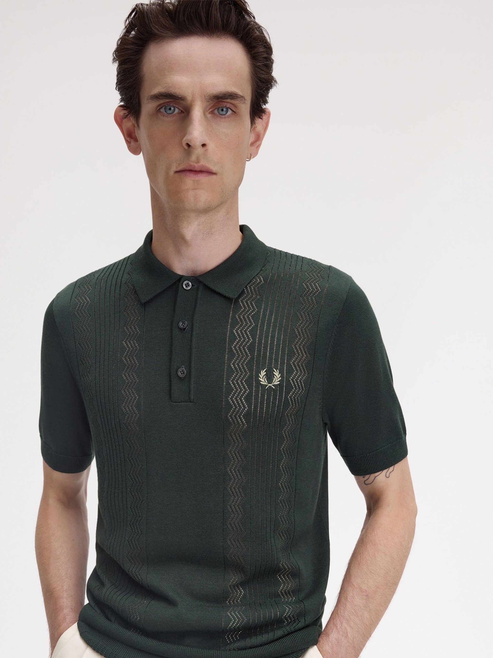 Fred Perry Pointelle Panel Knitted Green Polo Shirt