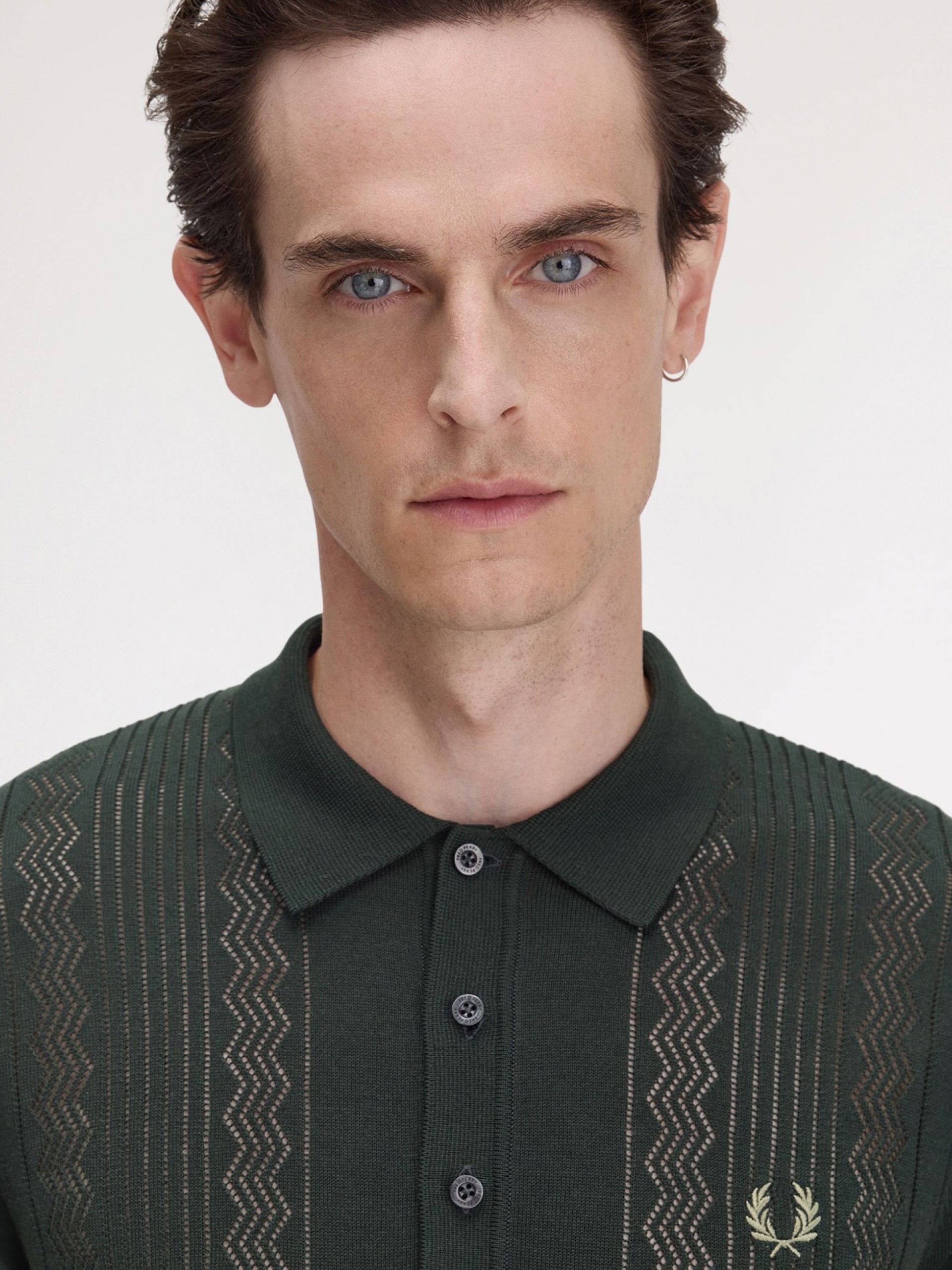 Fred Perry Pointelle Panel Knitted Green Polo Shirt