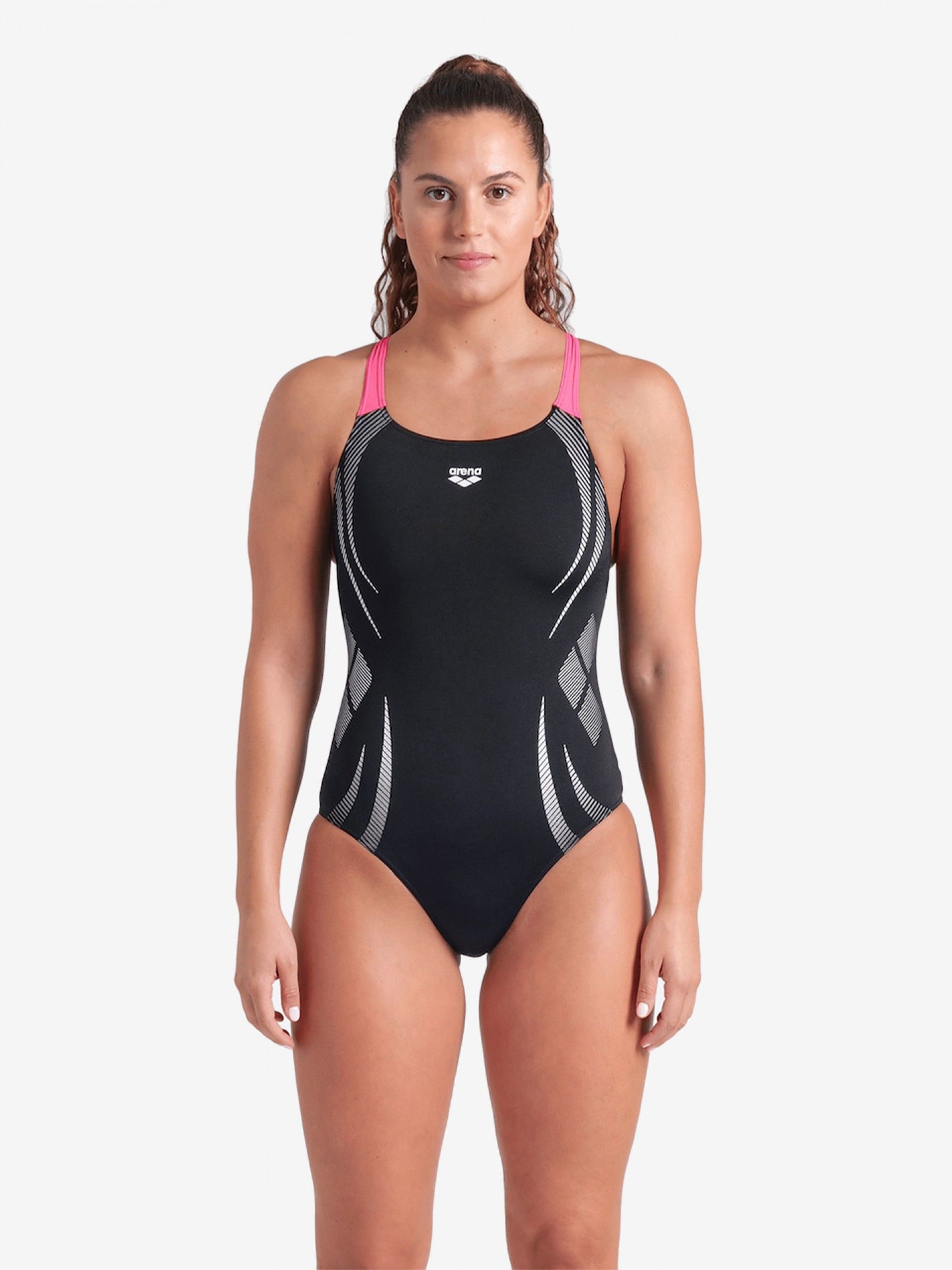 Bañador Arena Poseidonia Espalda Pro Negro y Rosa