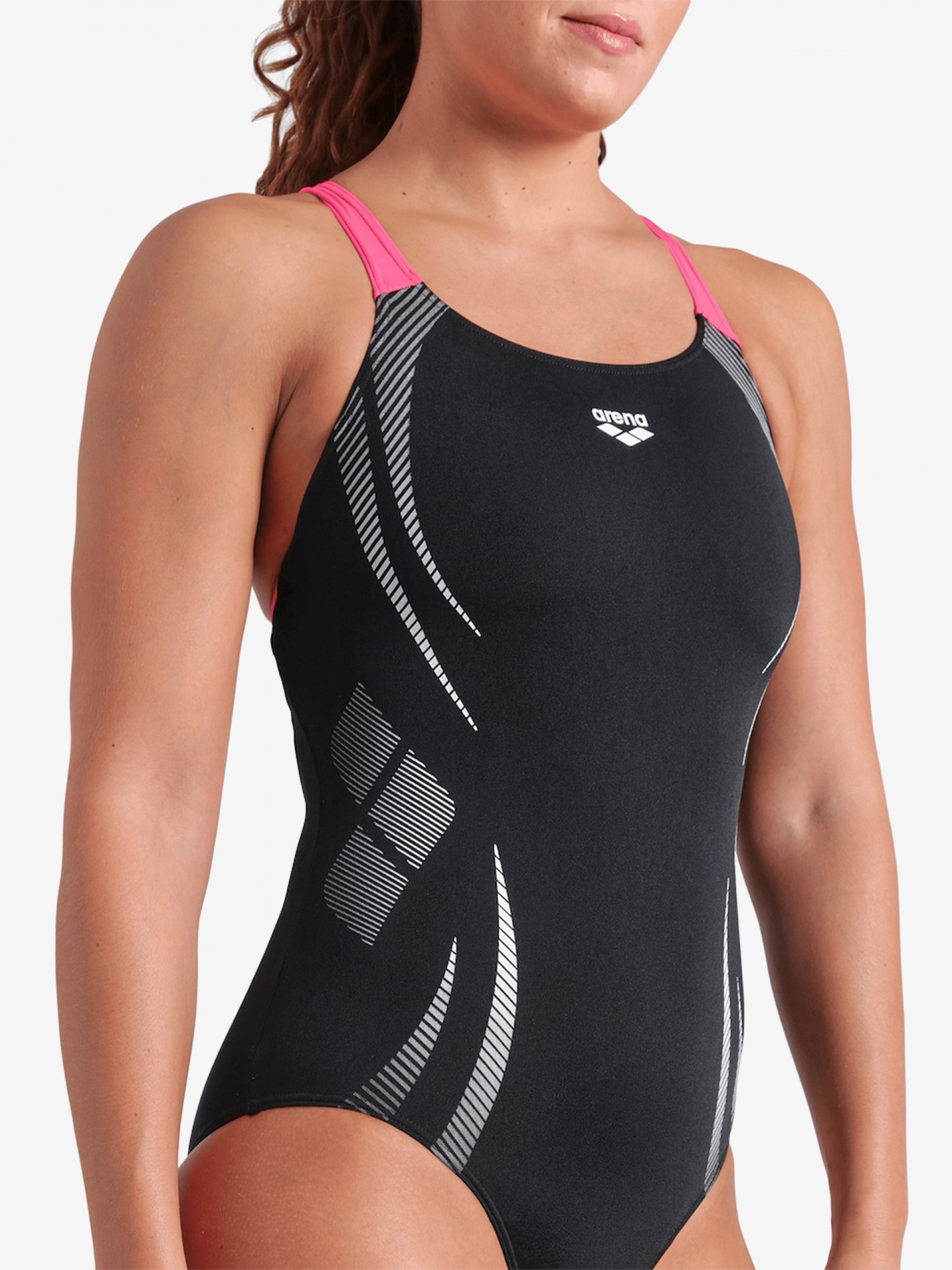 Bañador Arena Poseidonia Espalda Pro Negro y Rosa