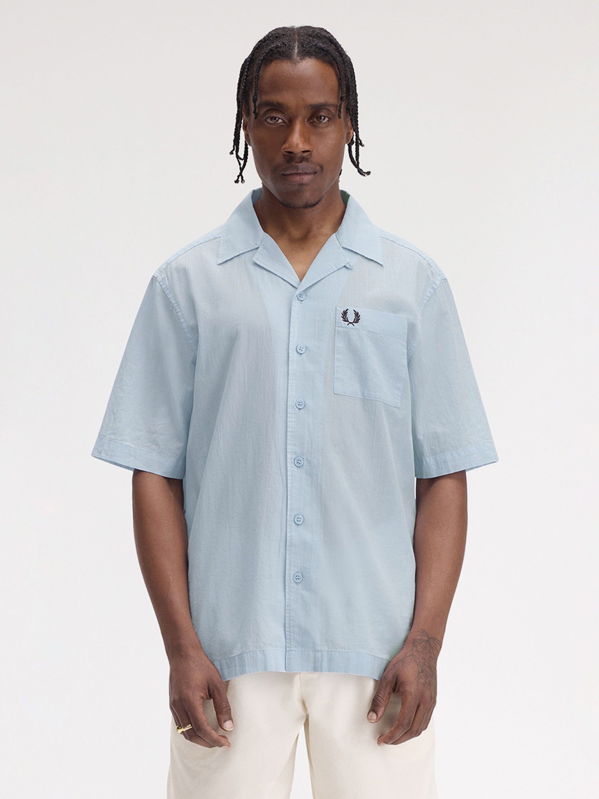 Camisa Fred Perry Lightweight Texture Revere Collar Azul Claro