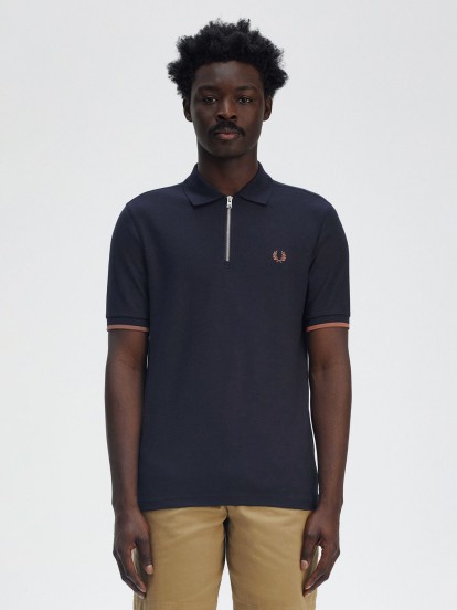 Fred Perry Crepe Piqu Zip Neck Blue Polo Shirt