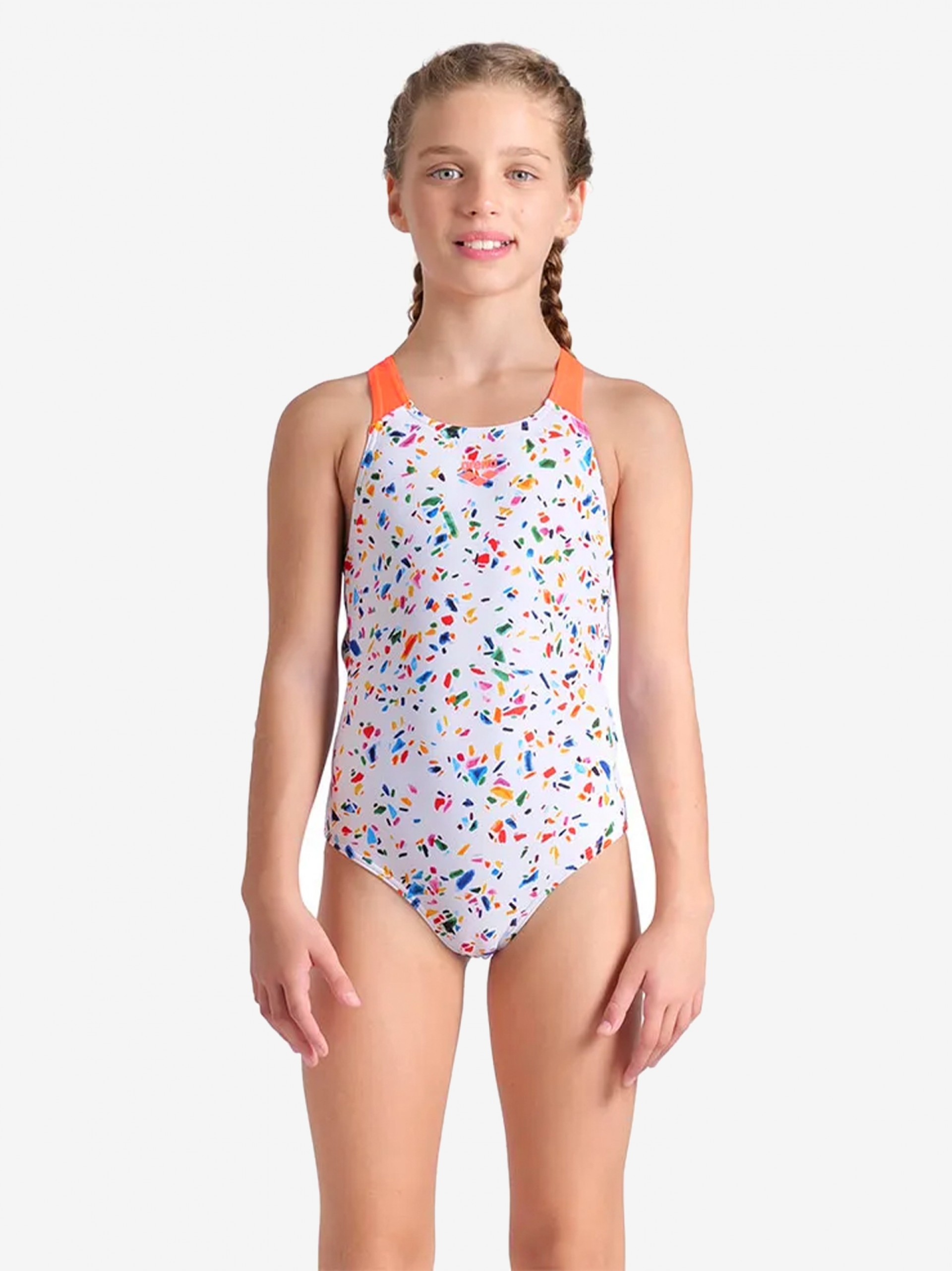 Fato de Banho Arena Confetti Costas Pro Kids Branco e Laranja