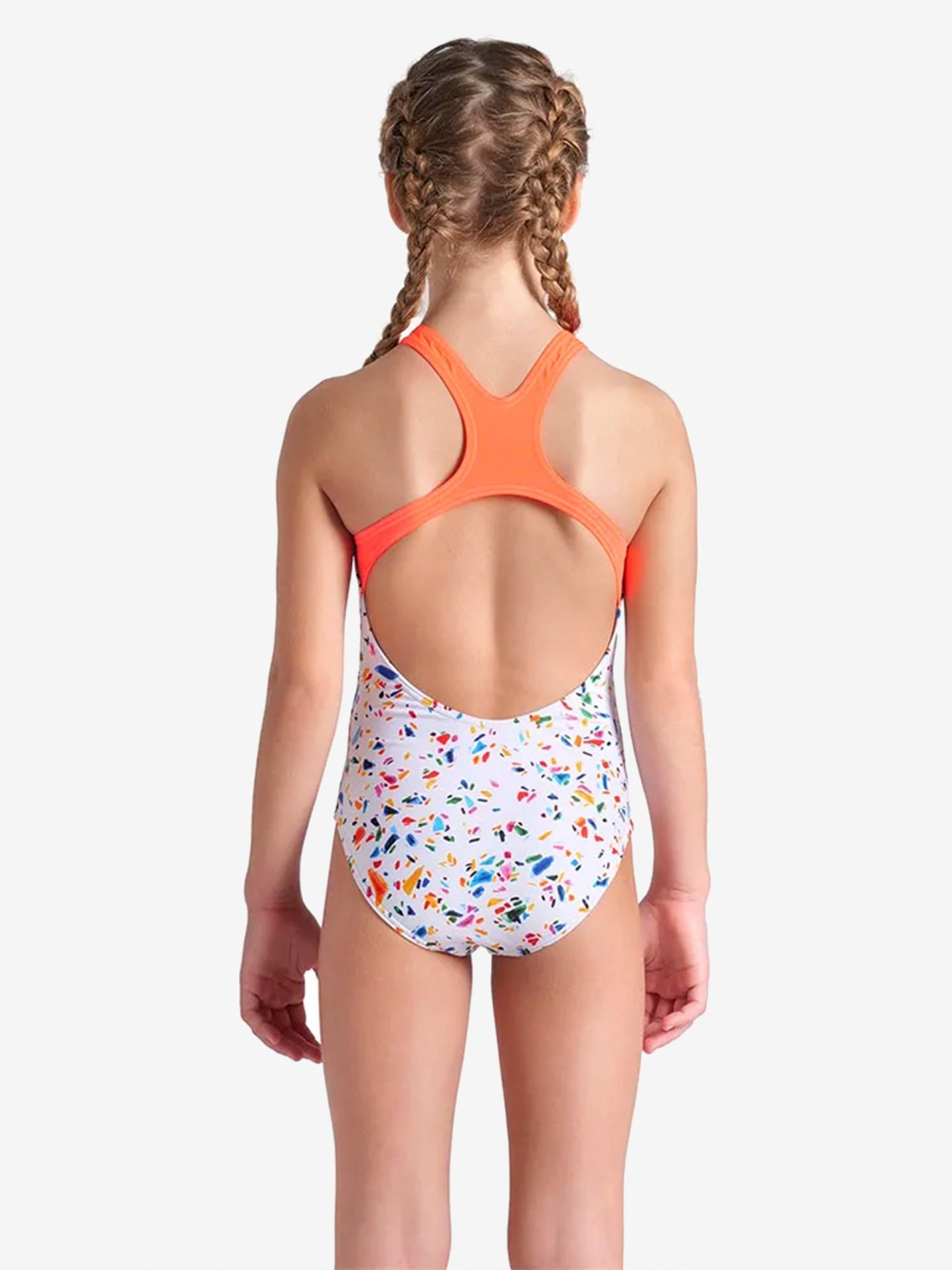 Fato de Banho Arena Confetti Costas Pro Kids Branco e Laranja