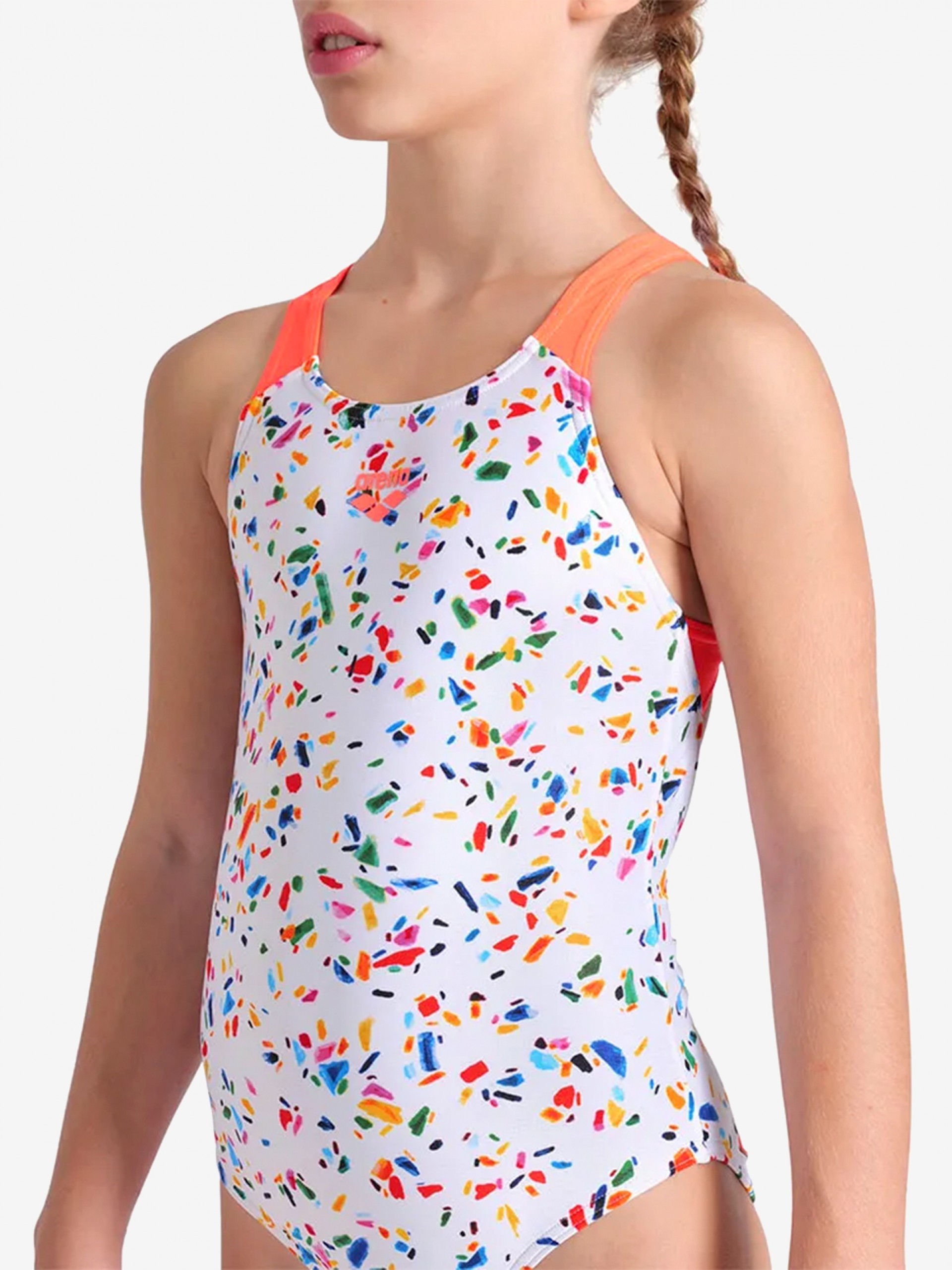 Fato de Banho Arena Confetti Costas Pro Kids Branco e Laranja