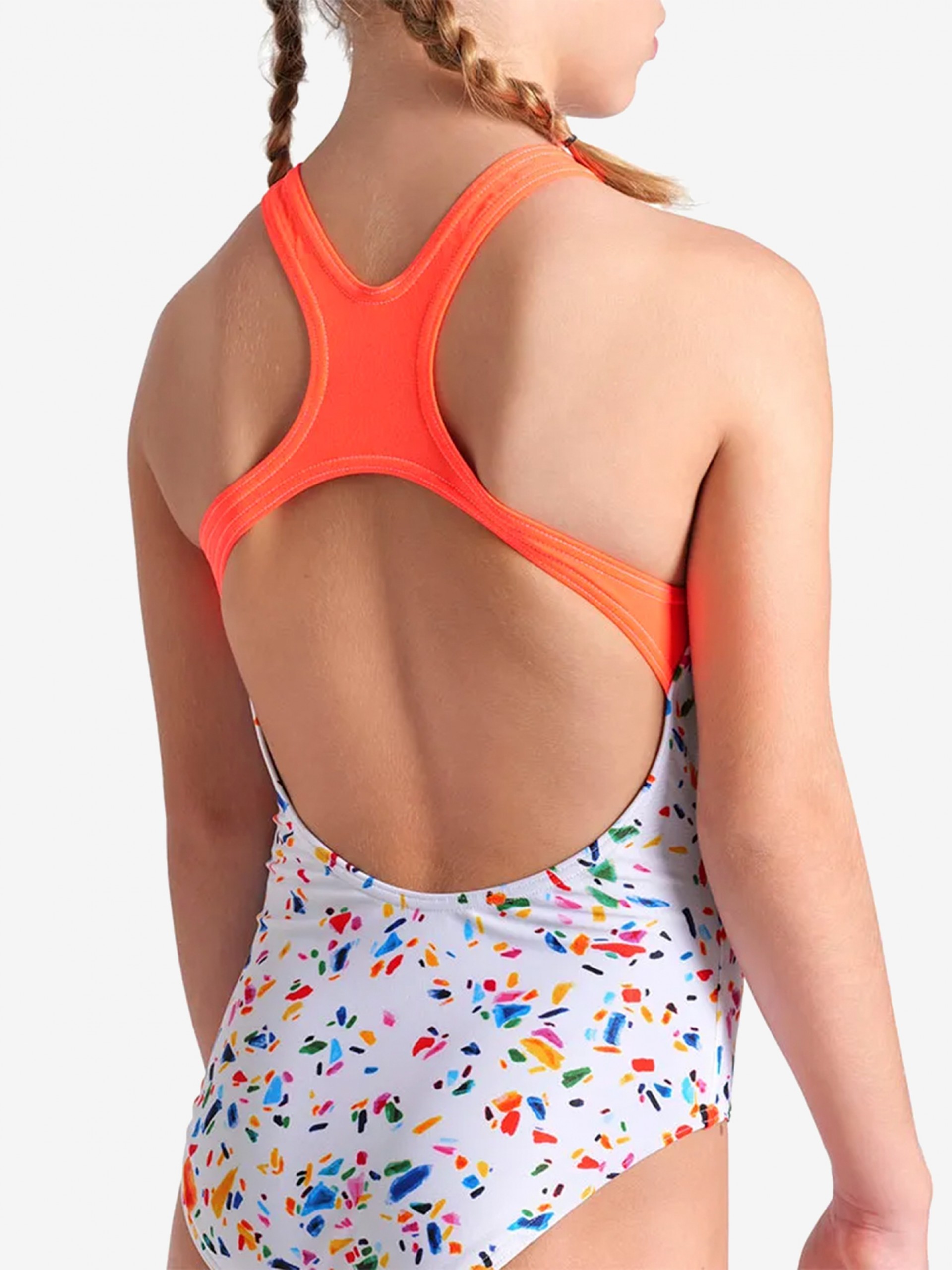 Fato de Banho Arena Confetti Costas Pro Kids Branco e Laranja