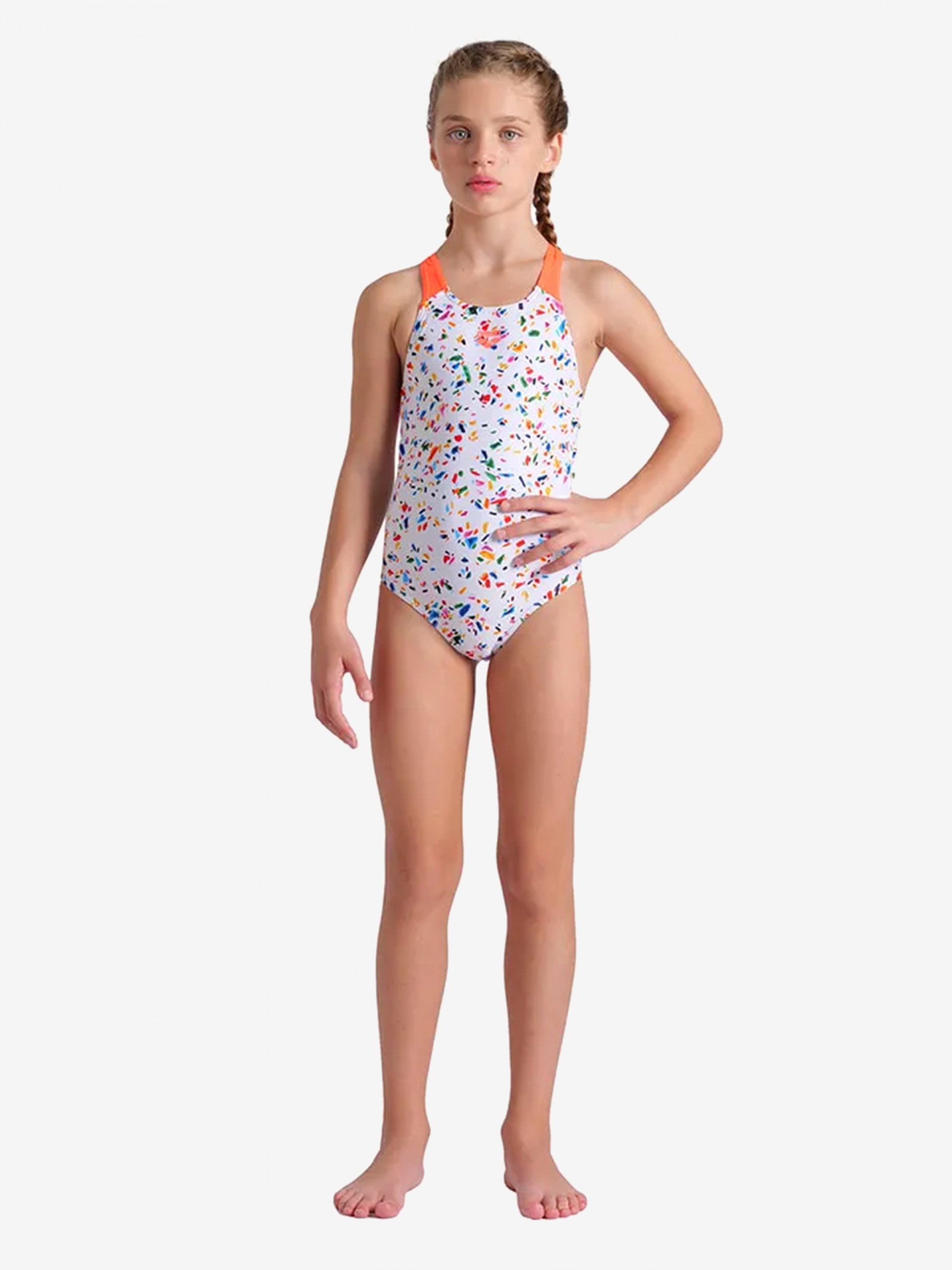 Fato de Banho Arena Confetti Costas Pro Kids Branco e Laranja