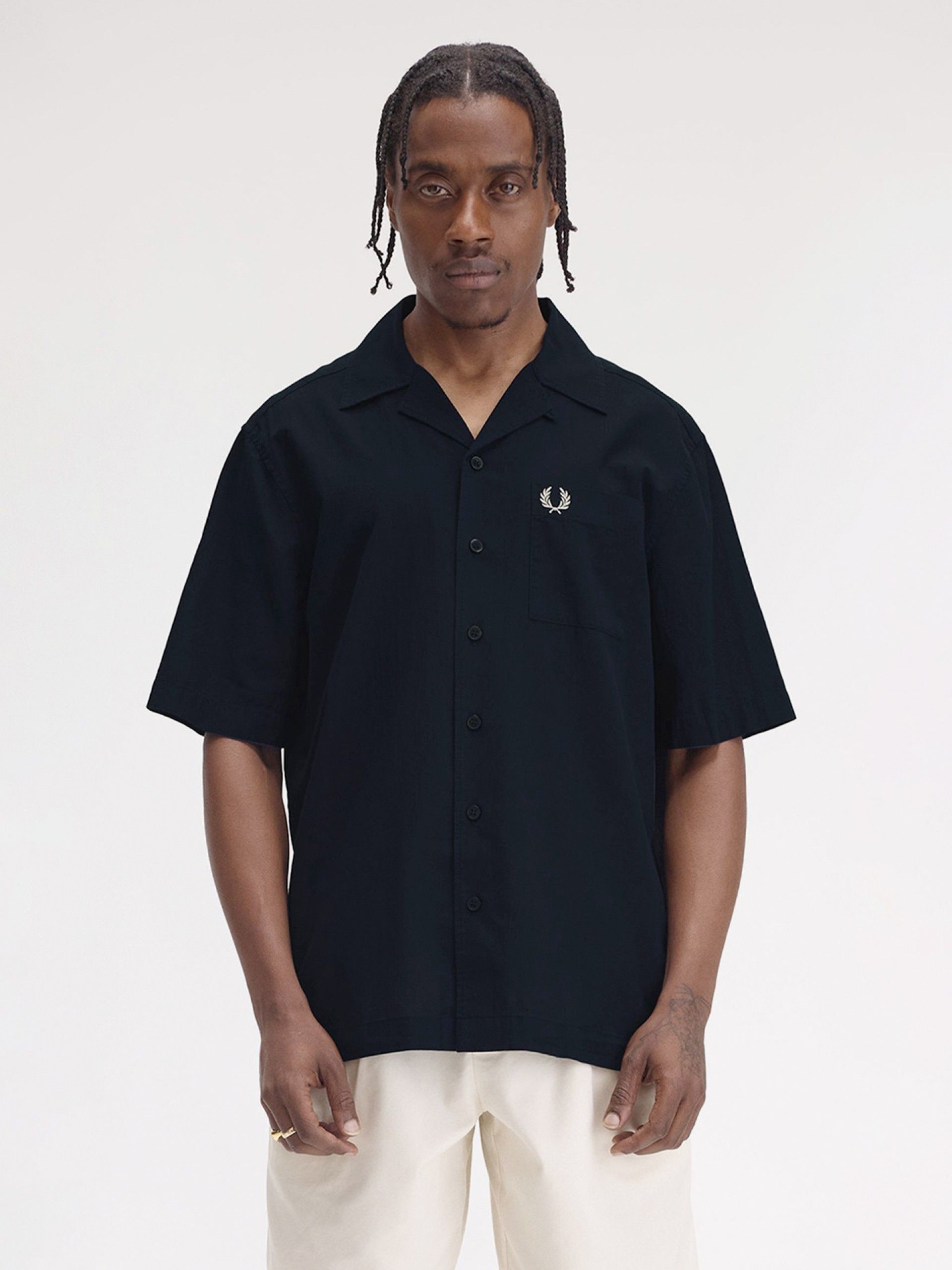 Camisa Fred Perry Lightweight Texture Revere Collar Azul Marinho