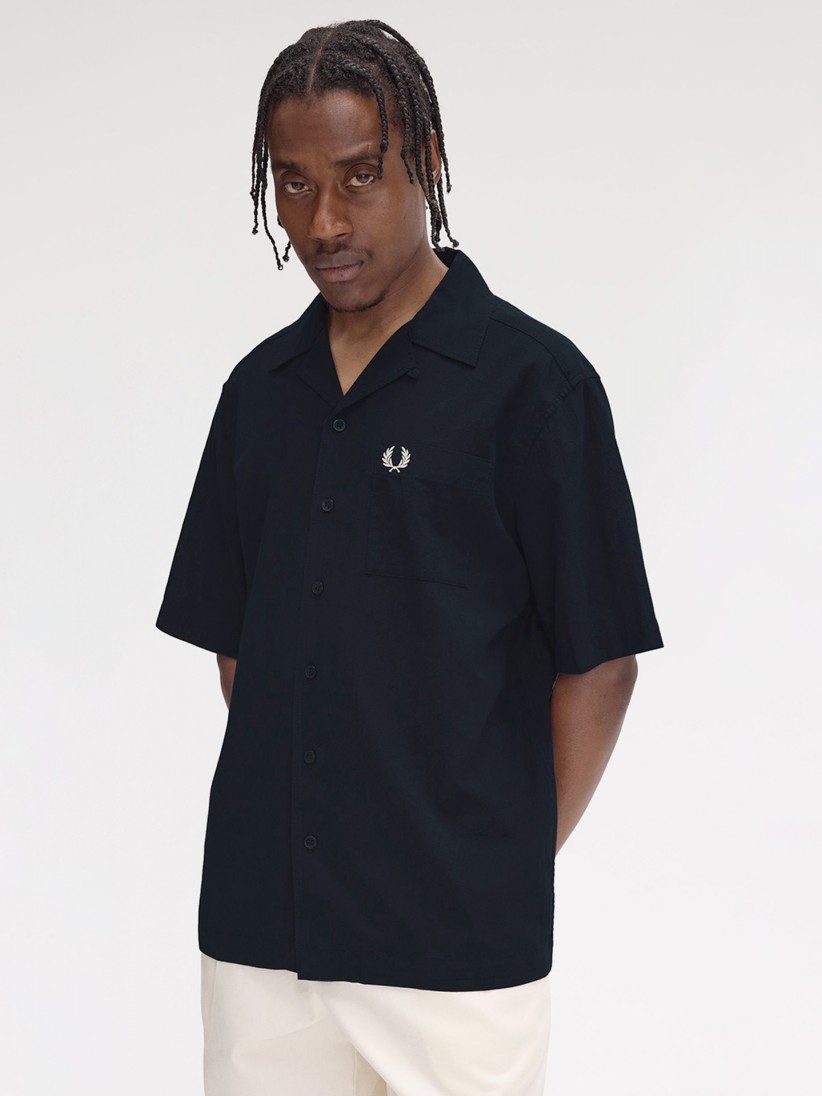 Camisa Fred Perry Lightweight Texture Revere Collar Azul Marino