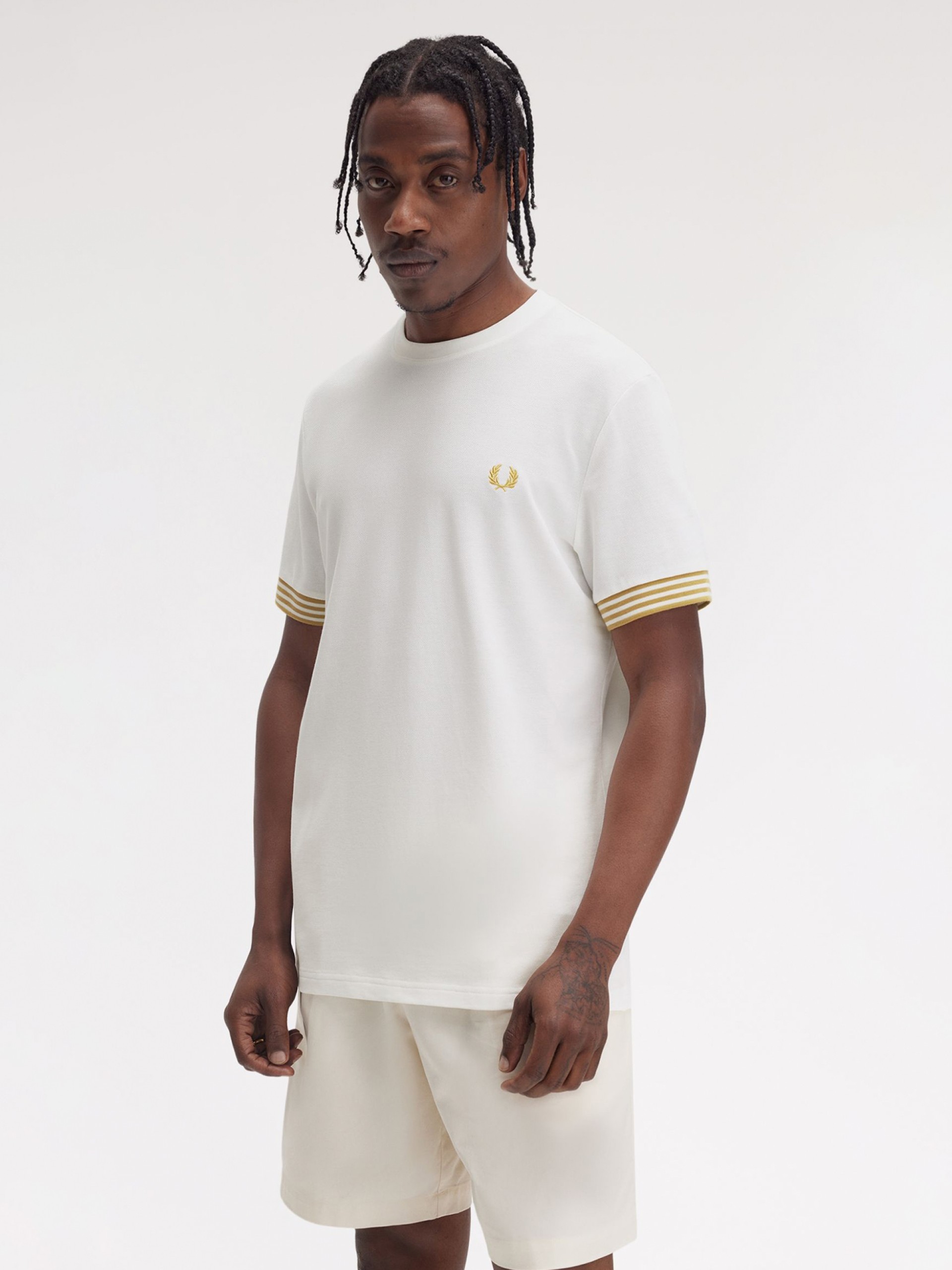 Fred Perry Striped Cuff White T-shirt