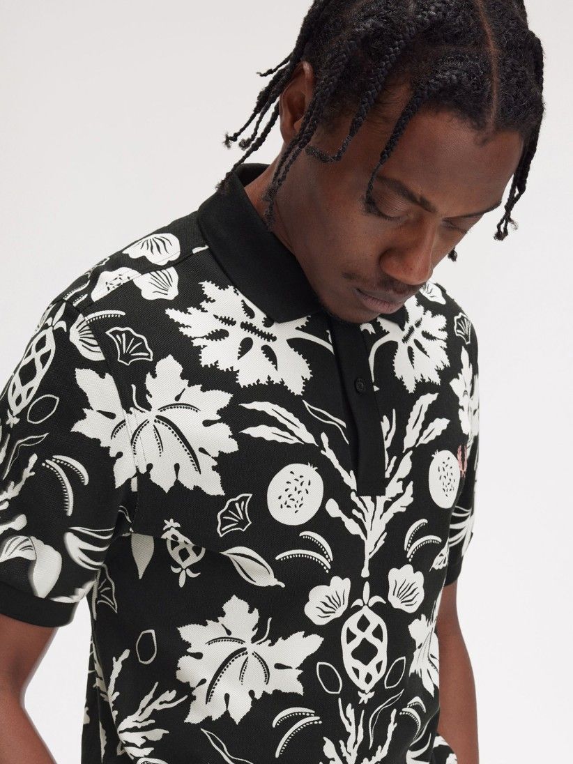 Fred Perry Botanical Print Black and White Polo Shirt