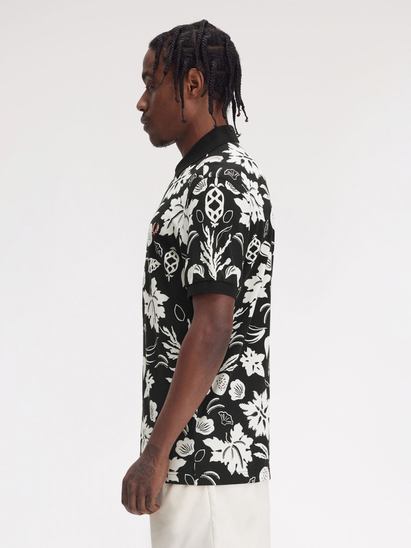 Fred Perry Botanical Print Black and White Polo Shirt
