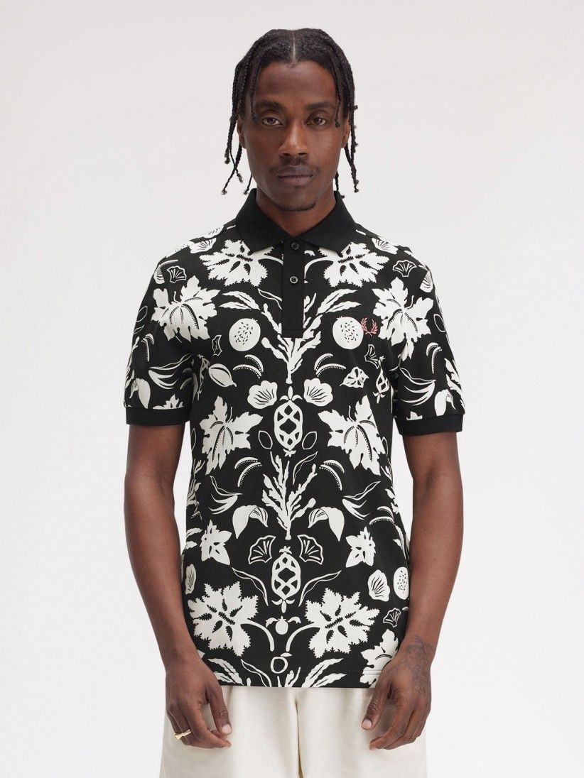 Fred Perry Botanical Print Black and White Polo Shirt