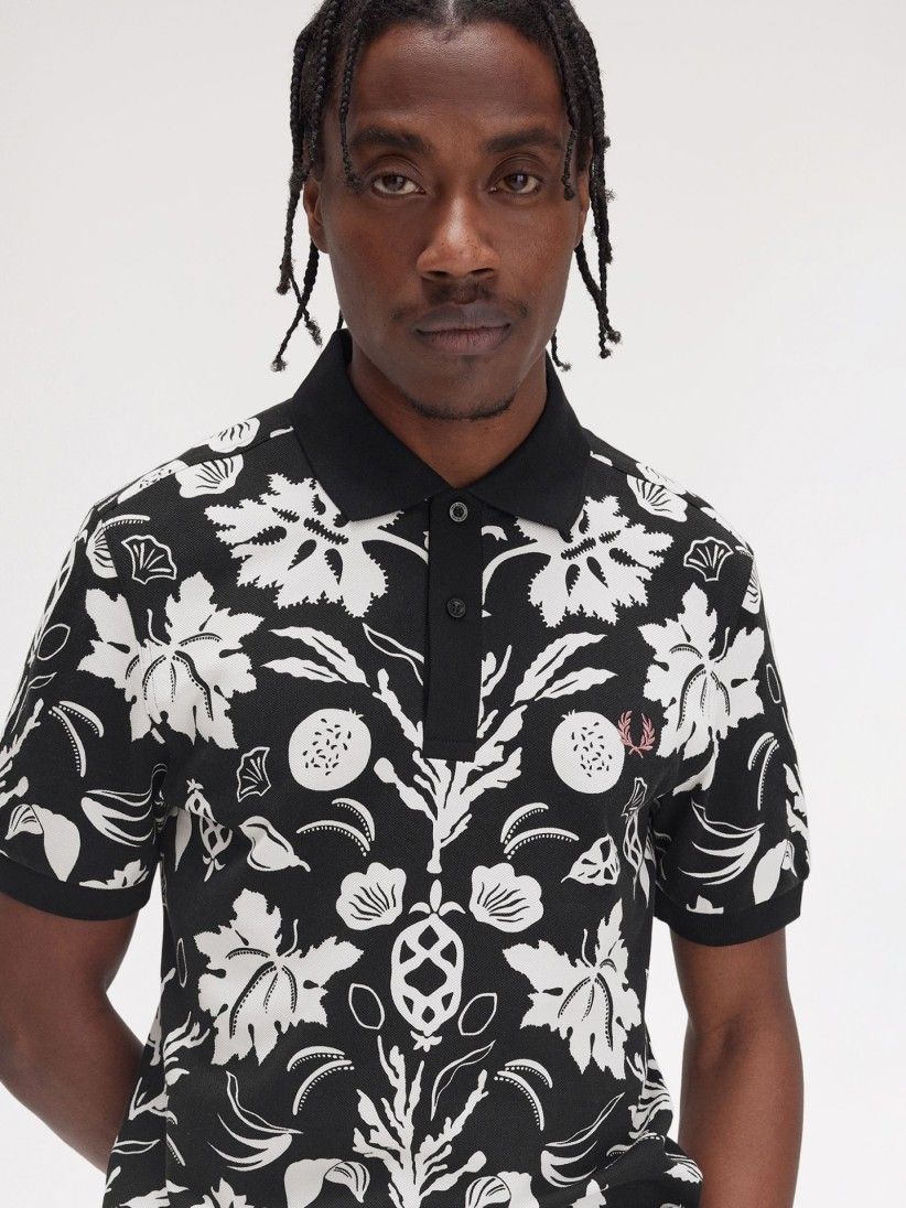 Fred Perry Botanical Print Black and White Polo Shirt