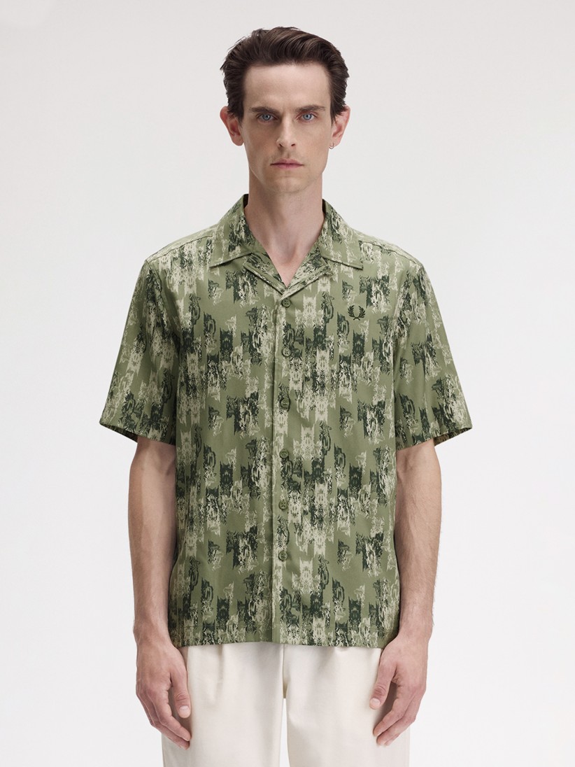 Fred Perry Abstract Print Revere Collar Green Shirt
