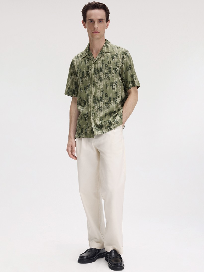 Fred Perry Abstract Print Revere Collar Green Shirt