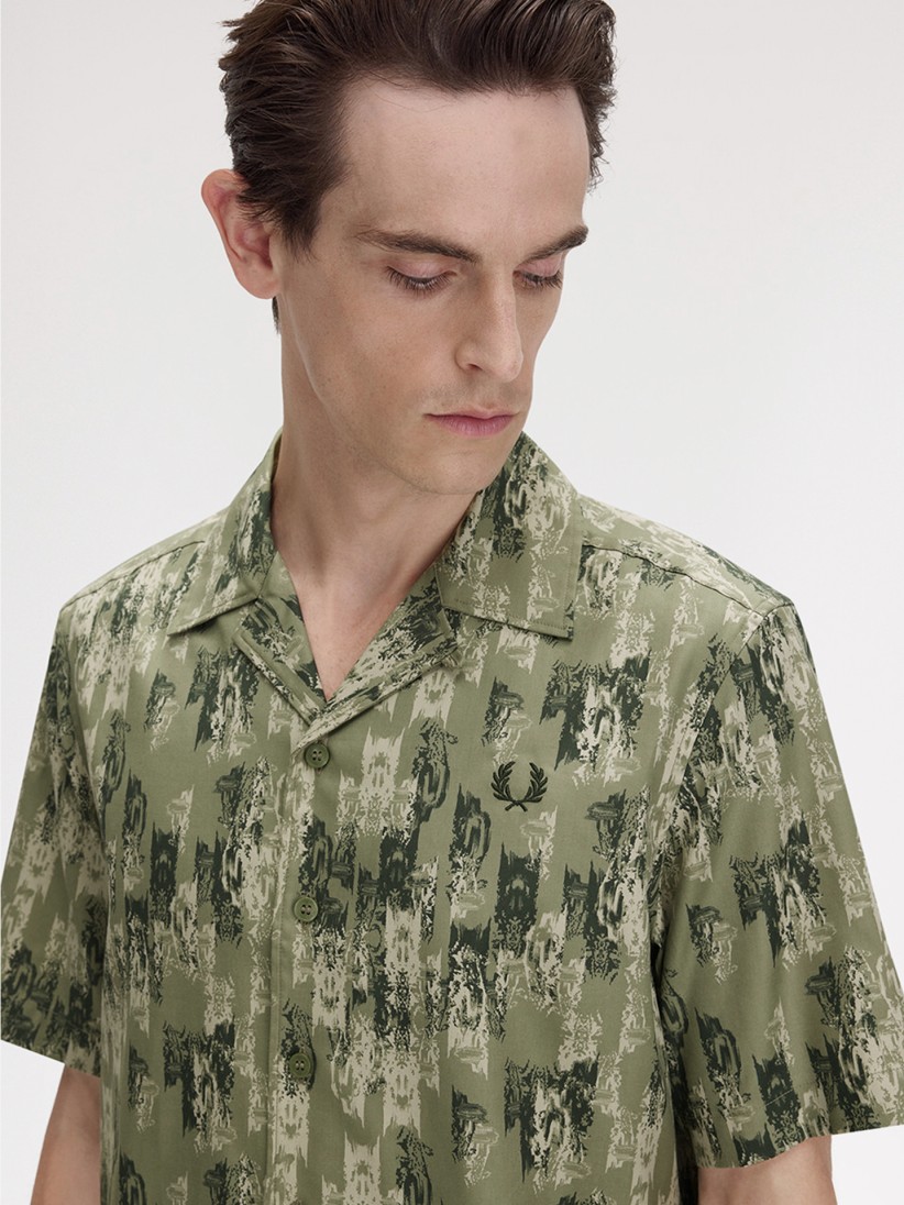 Fred Perry Abstract Print Revere Collar Green Shirt