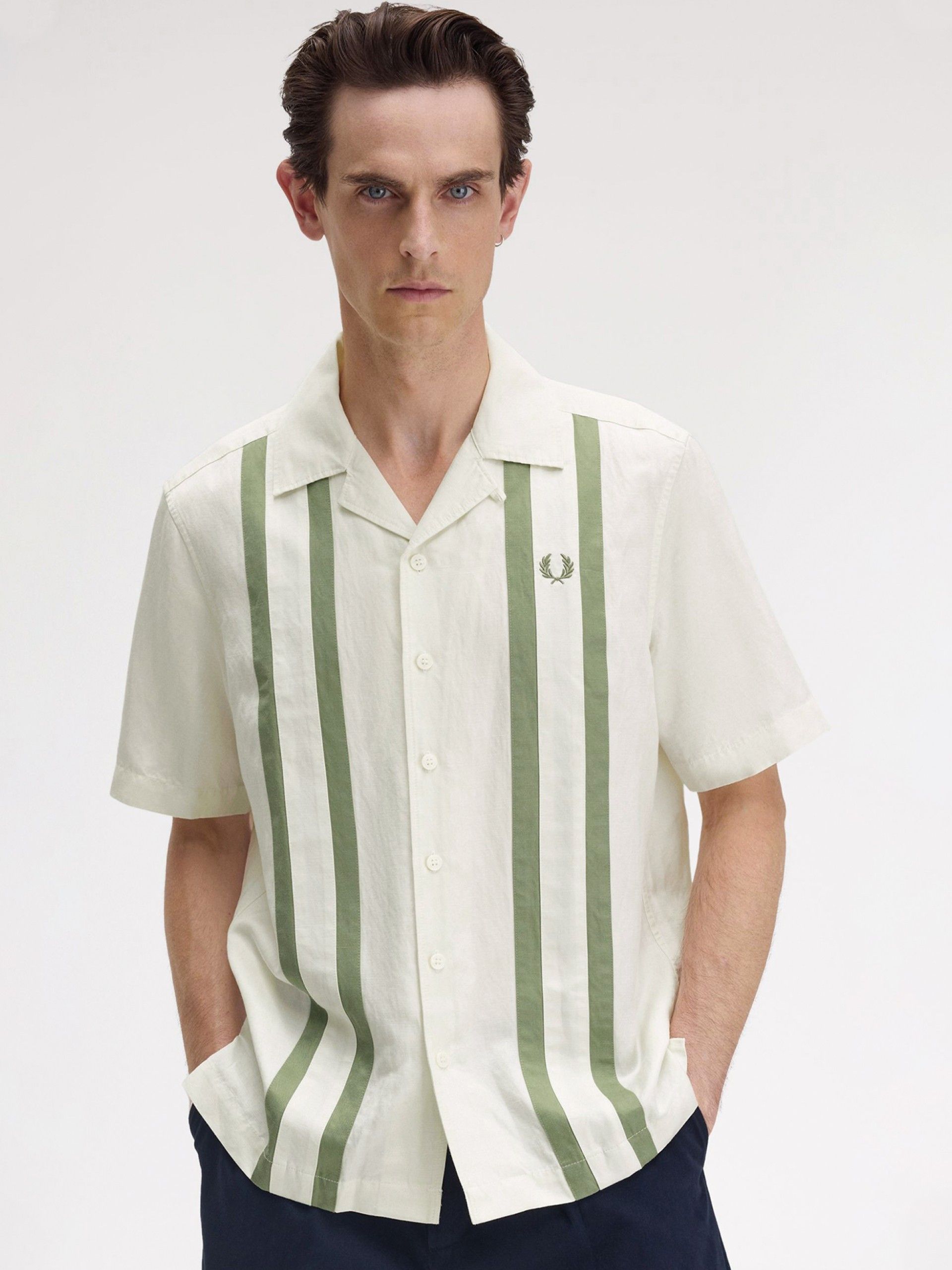 Camisa Fred Perry Panelled Linen Blend Branca e Verde