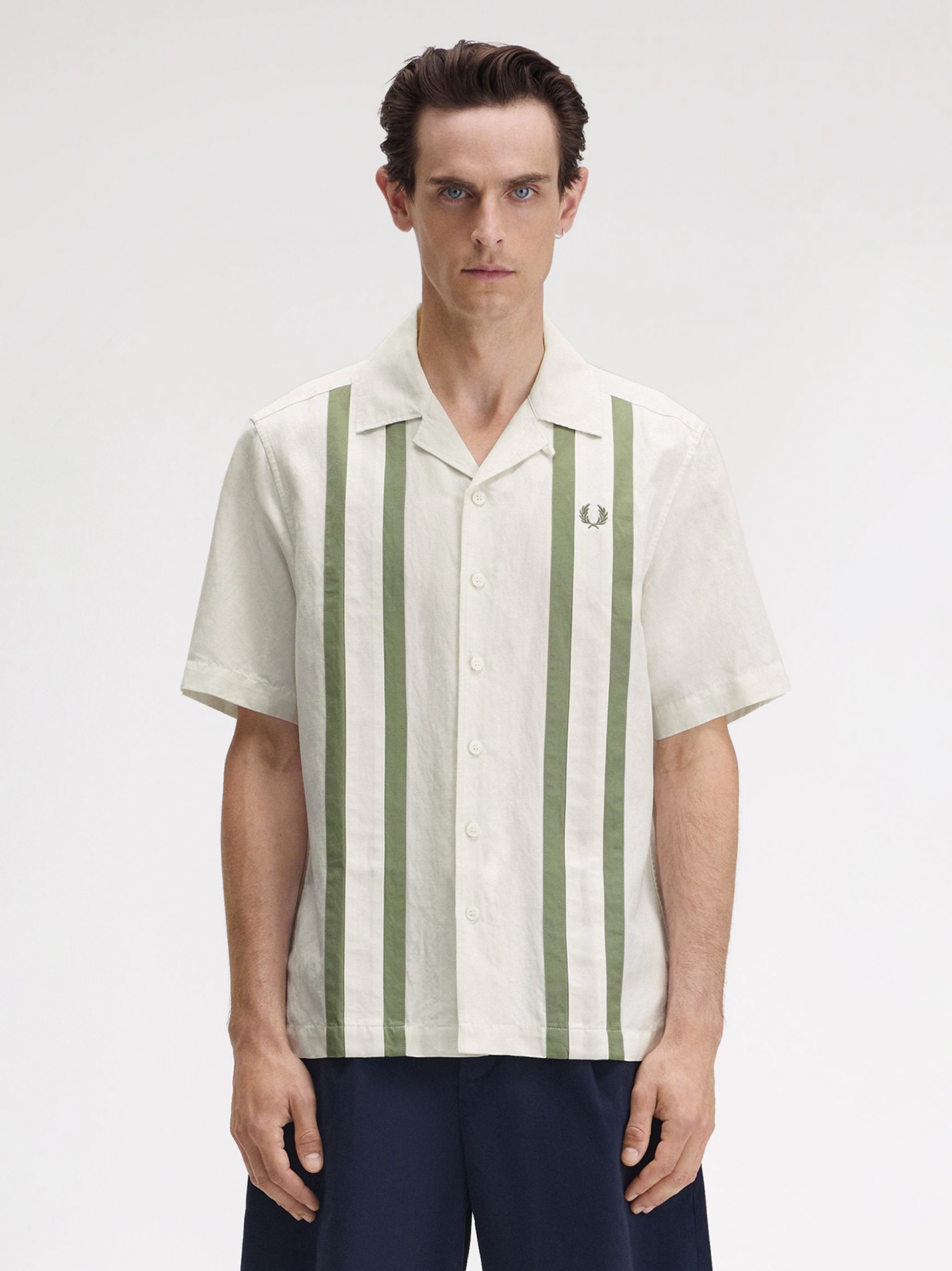 Camisa Fred Perry Panelled Linen Blend Branca e Verde