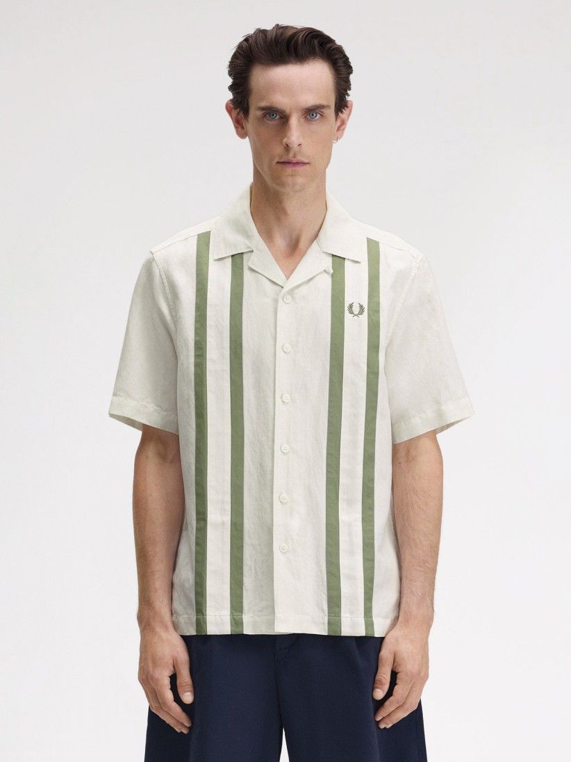 Fred Perry Panelled Linen Blend White and Green Shirt