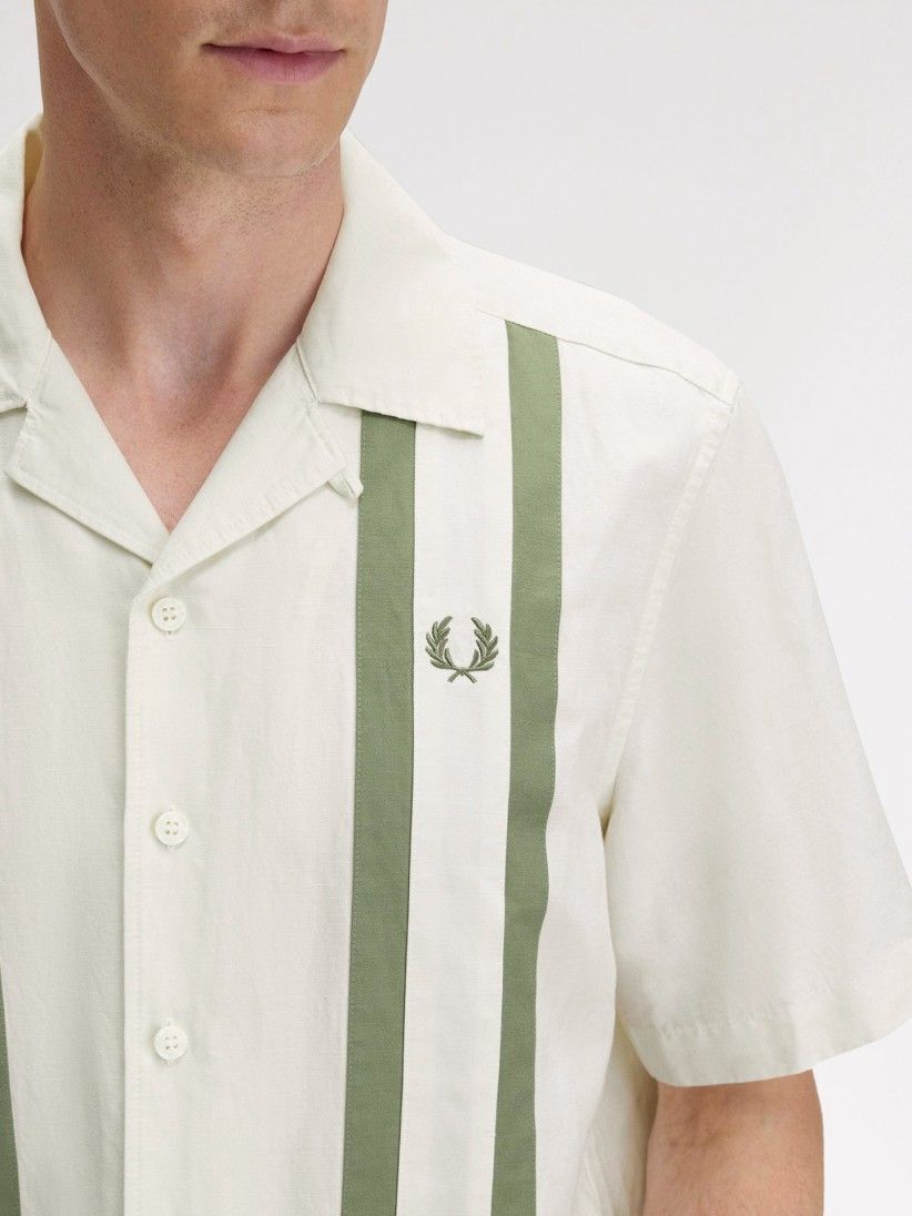 Fred Perry Panelled Linen Blend White and Green Shirt