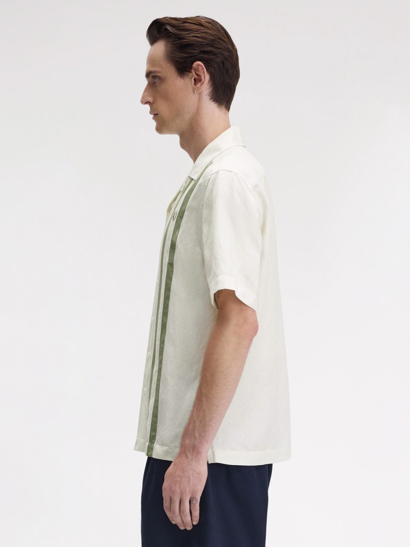 Fred Perry Panelled Linen Blend White and Green Shirt