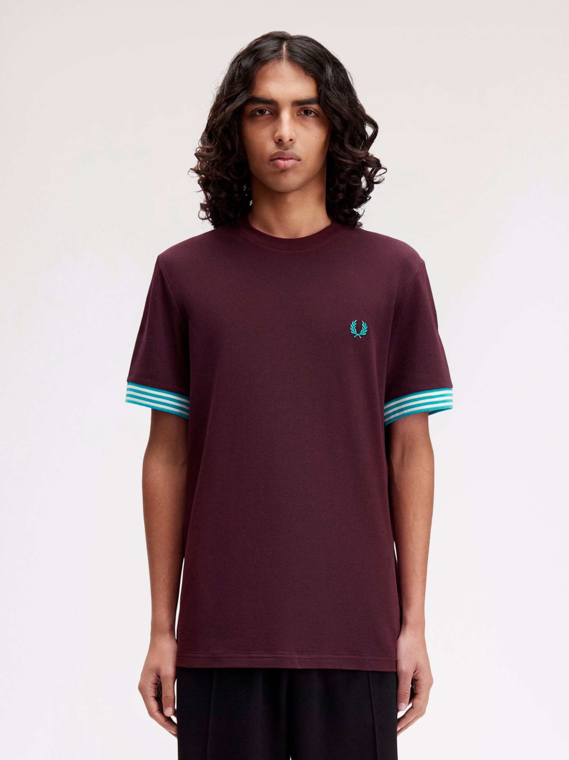 Fred Perry Striped Cuff Burgundy T-shirt