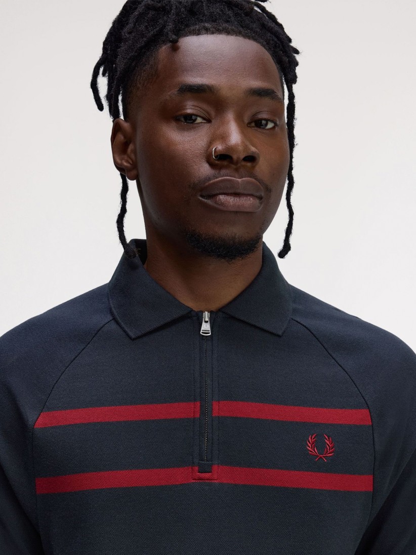 Fred Perry Piqu Navy Blue Zip Polo Shirt