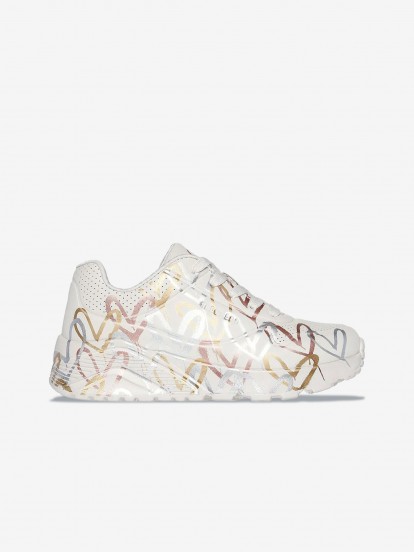 Sapatilhas Skechers x JGoldcrown UNO Lite - Metallic Love Kids Brancas e Douradas