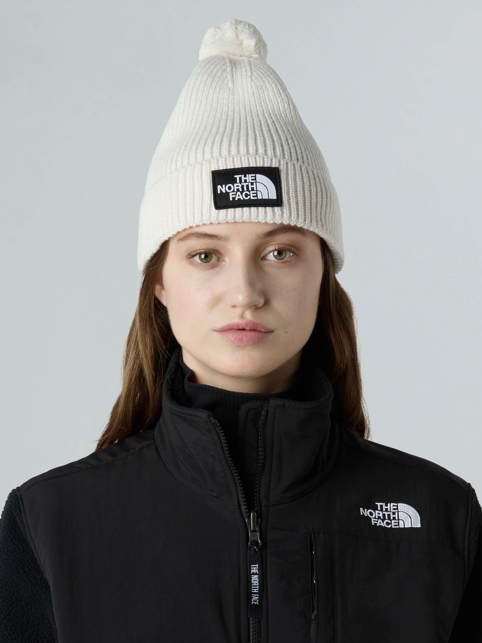 The North Face Logo Box Pompom White Beanie