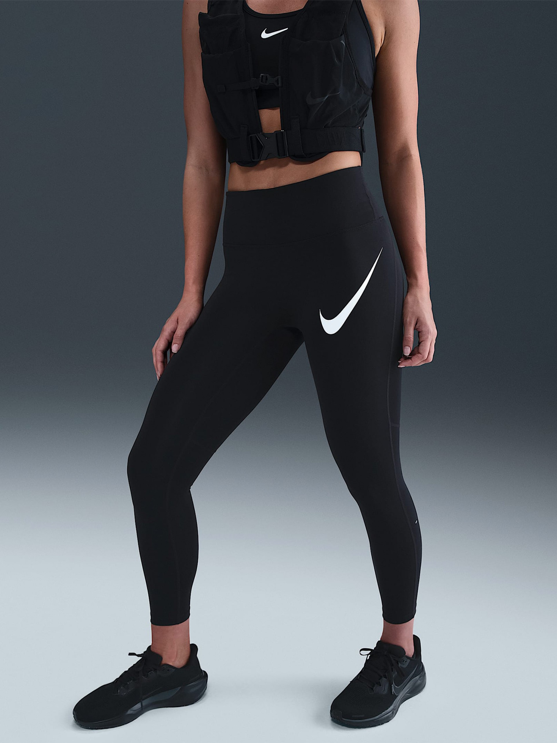 Leggings de Running Nike Tempo Swoosh High Rise 7/8 Pretas Para Mulher