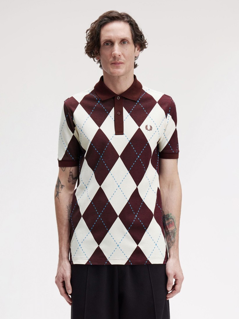 Fred Perry Argyle Print Burgundy and Beige Polo Shirt