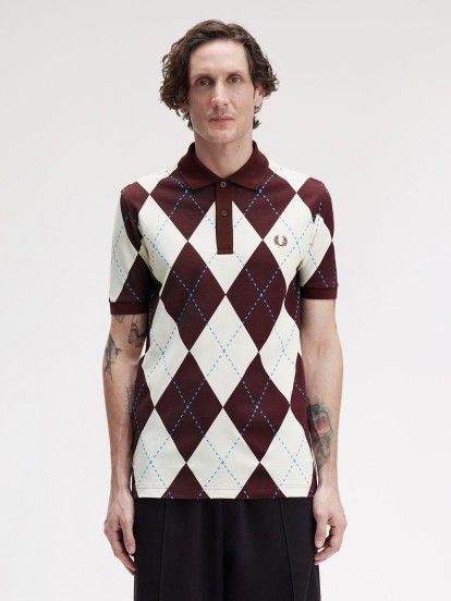 Fred Perry Argyle Print Burgundy and Beige Polo Shirt