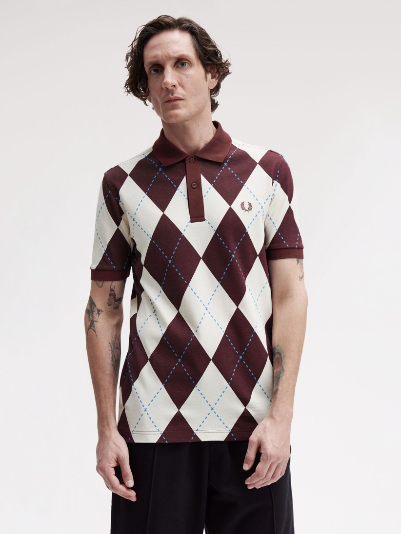 Fred Perry Argyle Print Burgundy and Beige Polo Shirt