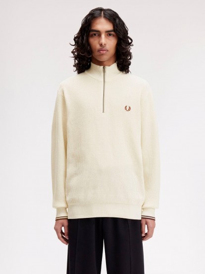 Fred Perry Waffle Stitch Beige Zip Jumper