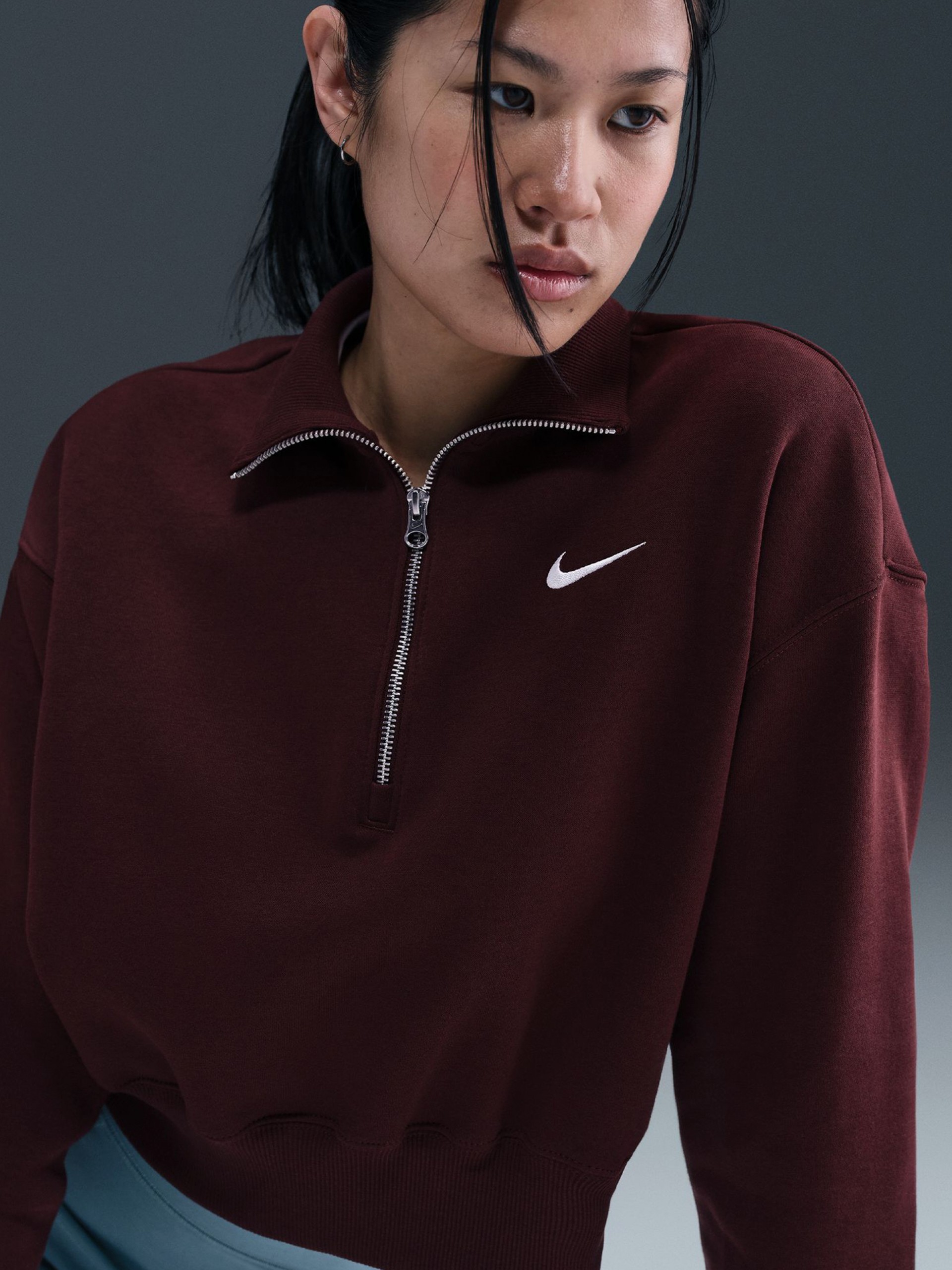 Nike Sportswear Phoenix Fleece Crop Burgundy Zip Sweater For Women